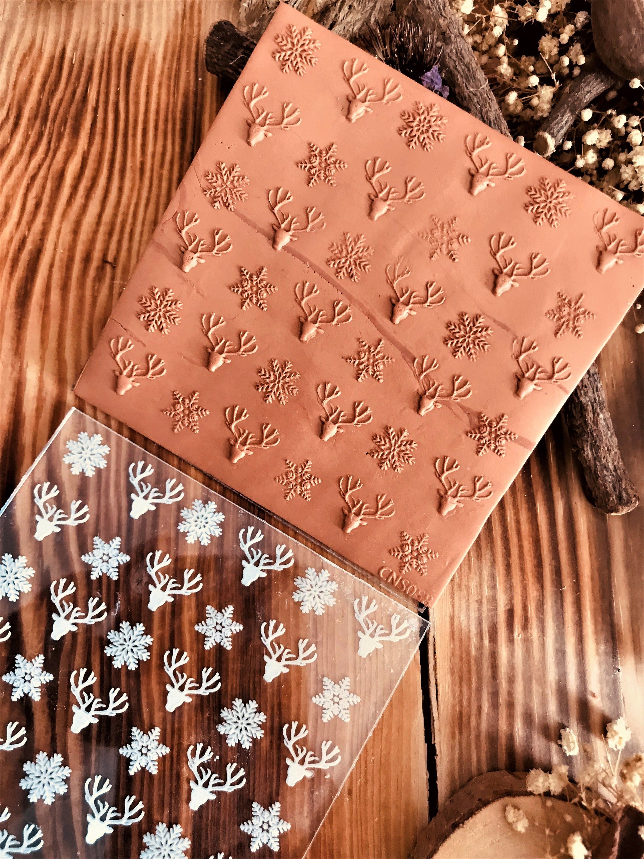 Deer and Snowflake Acrylic Embossing Stamp – 10x10 cm Texture Plate for Polymer Clay, Fondant, Air Dry Clay & Cookie Embossing