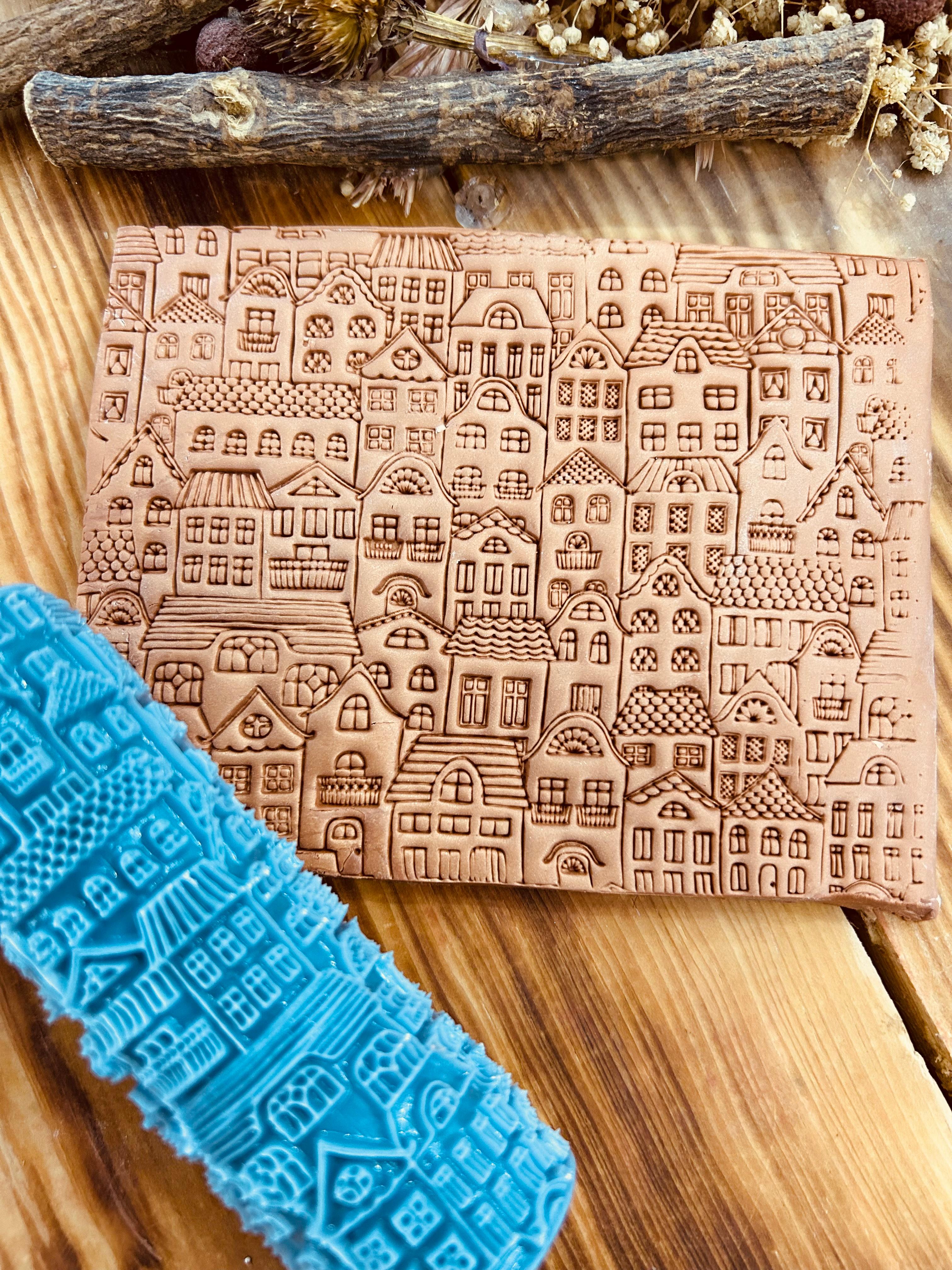 Cityscape & Houses Pattern Texture Roller – 10cm Embossing Roller for Polymer Clay, Air Dry Clay, Soap, Metal Clay, DIY Crafts