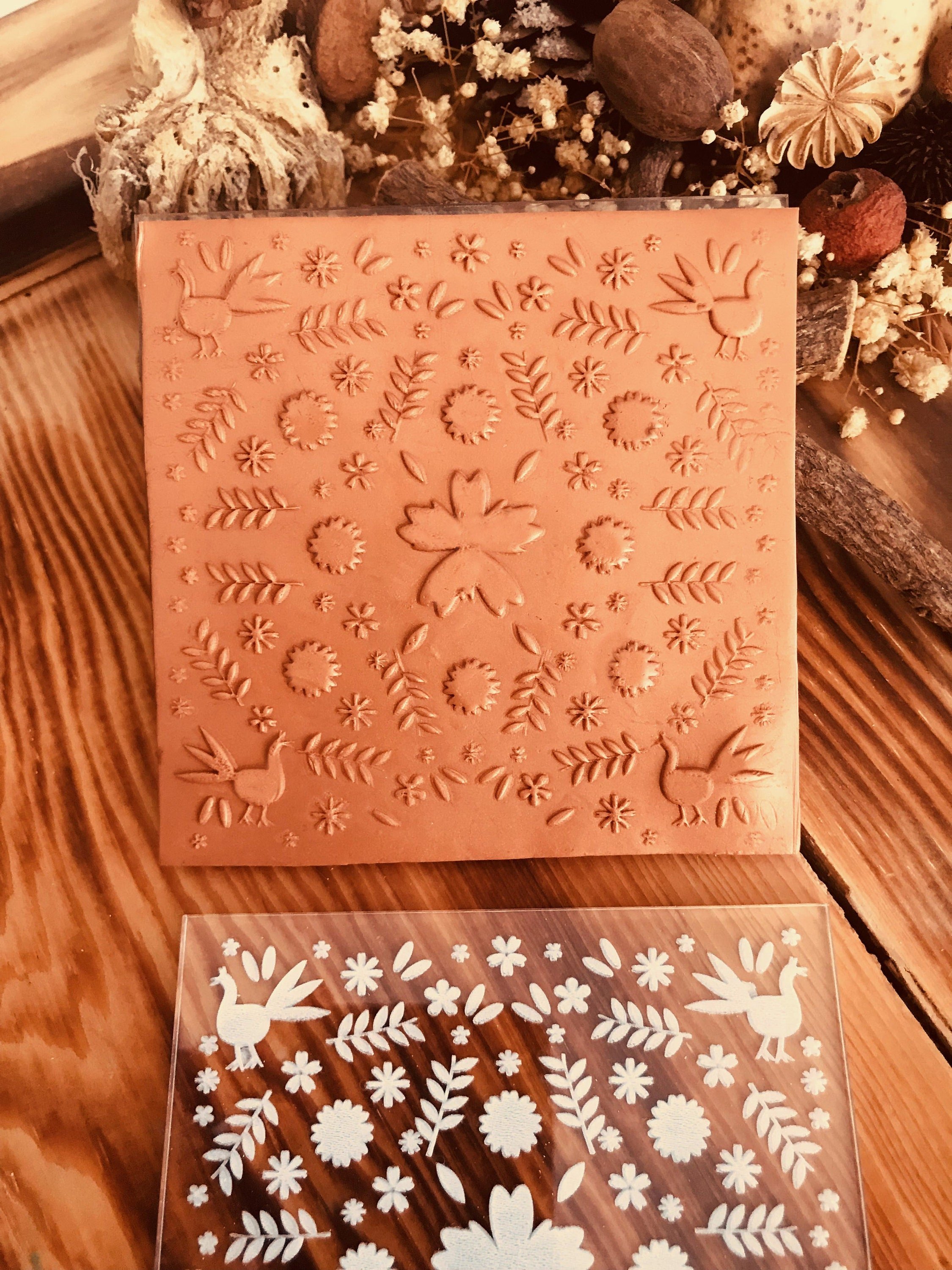 Birds and Florals Rubber or Acrylic Texture Mat – Polymer Clay Stamp, Embossing Tool, Acrylic Texture Sheet, Plaque, Tile for Fimo, Sculpey, Cernit