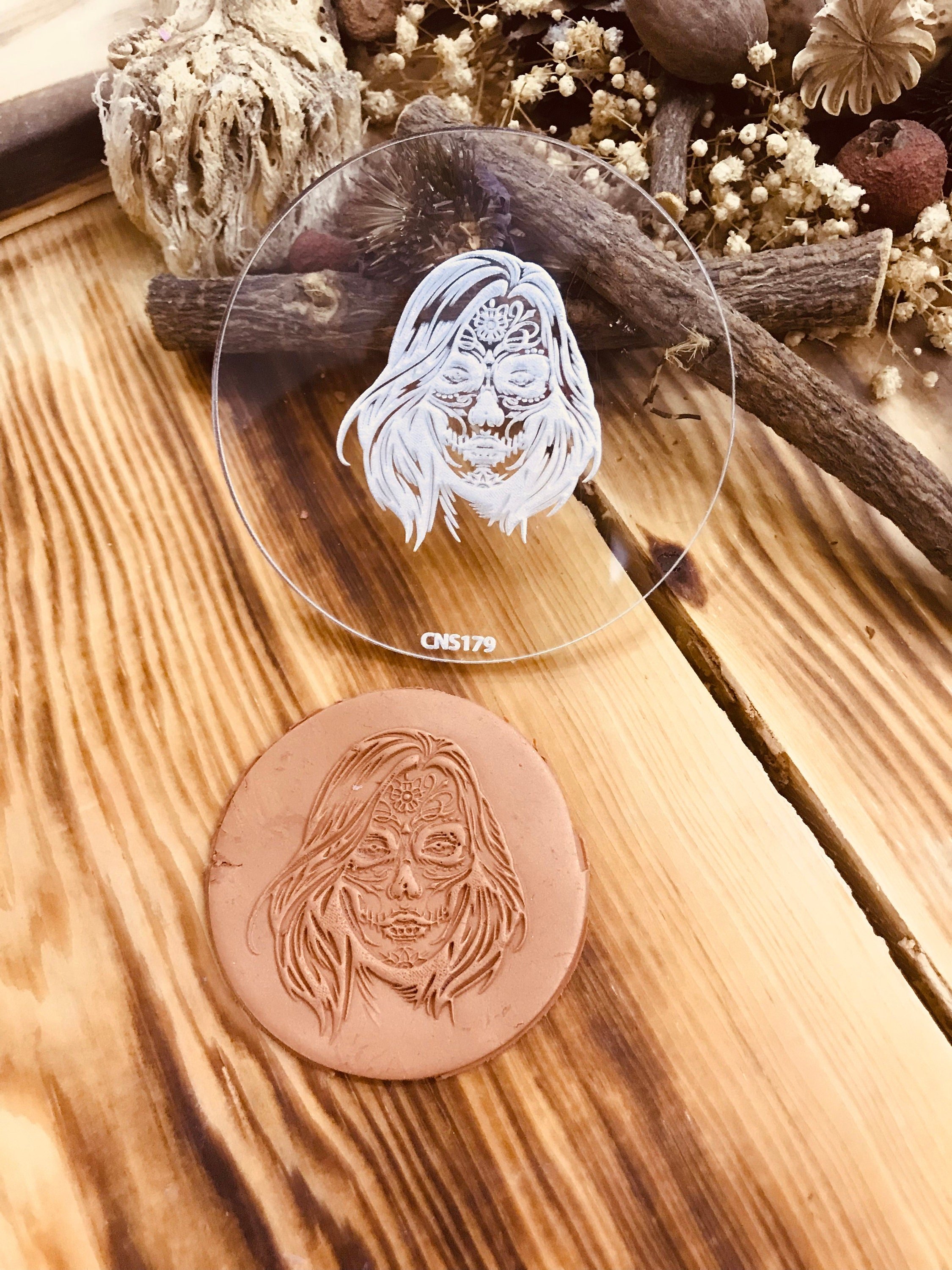 Halloween Woman Skeleton Face Pattern Texture Mat, Debossing Stamp, Acrylic clay texture tool, Texture Sheet,Ceramic Supplies, Texture Plate