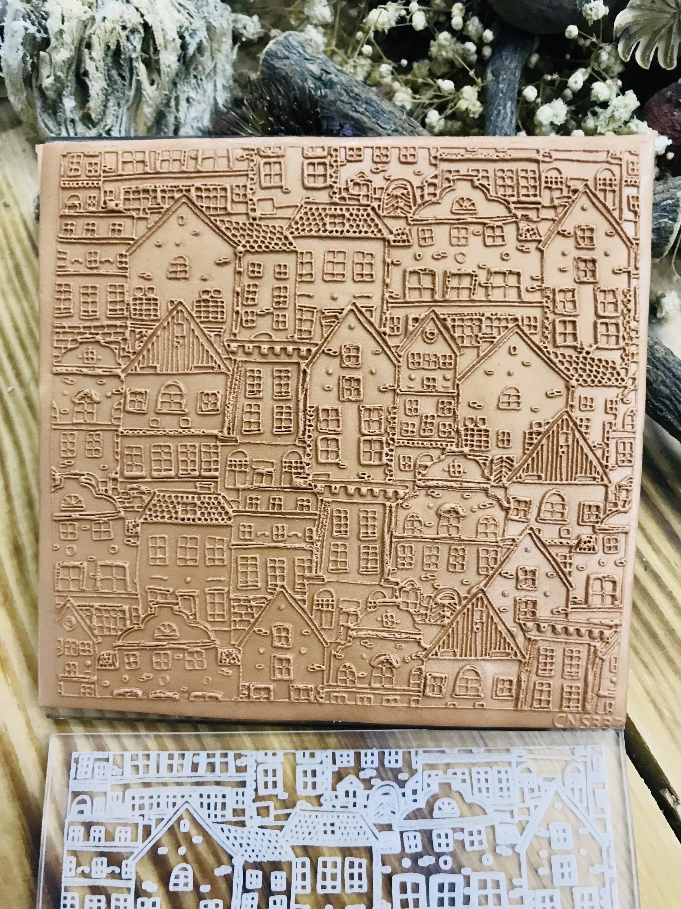 Houses Party Pattern Acrylic Texture Mat – 10x10cm | Polymer Clay Texture Sheet | Embossing Stamp for Clay, Fondant | Fimo, Sculpey, Cernit Compatible