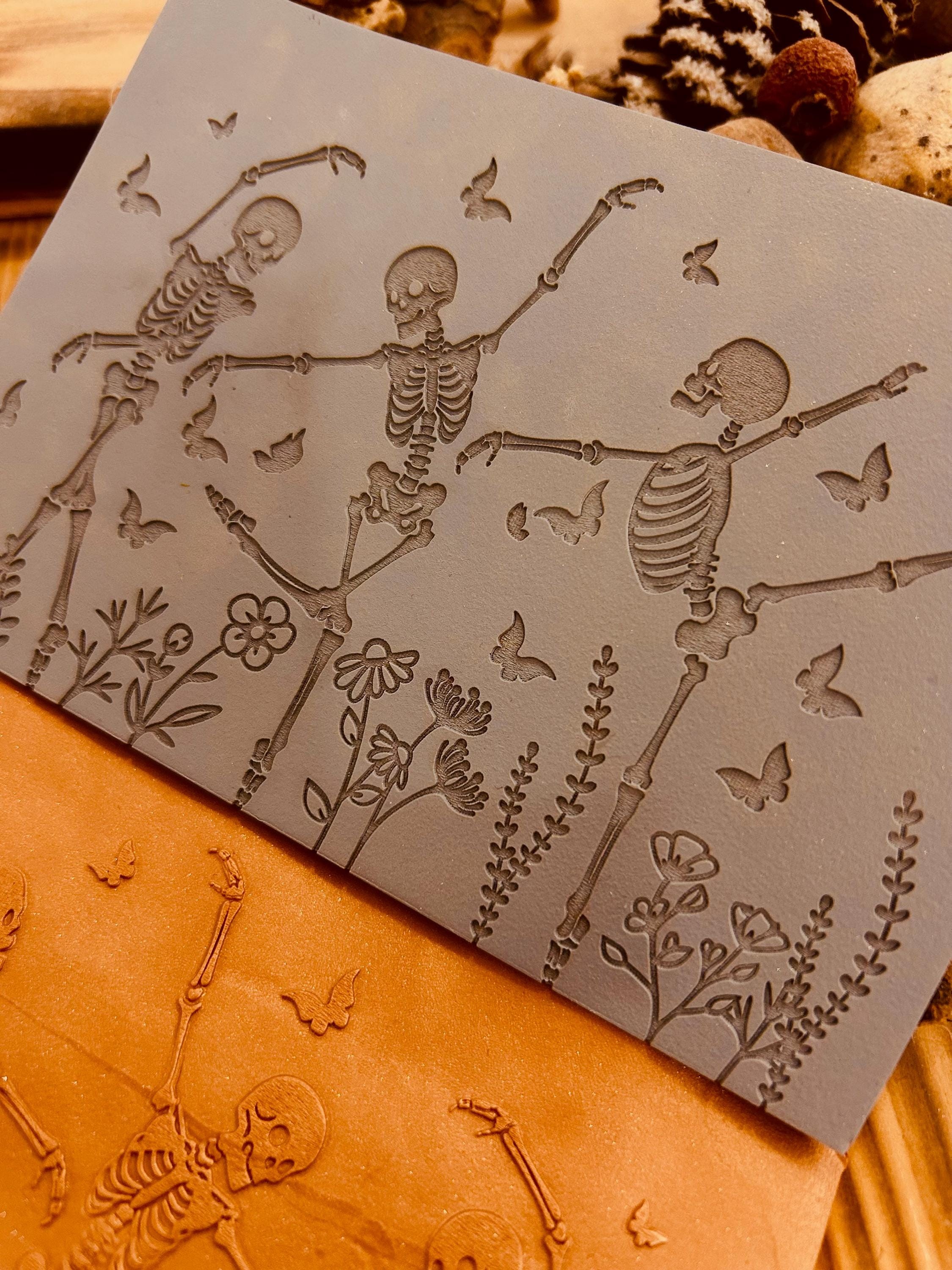 Halloween Dancing Skeleton and Butterfly Pattern Rubber Texture Mat | 10x14 cm | For Polymer Clay, Air Dry Clay, Silver Clay
