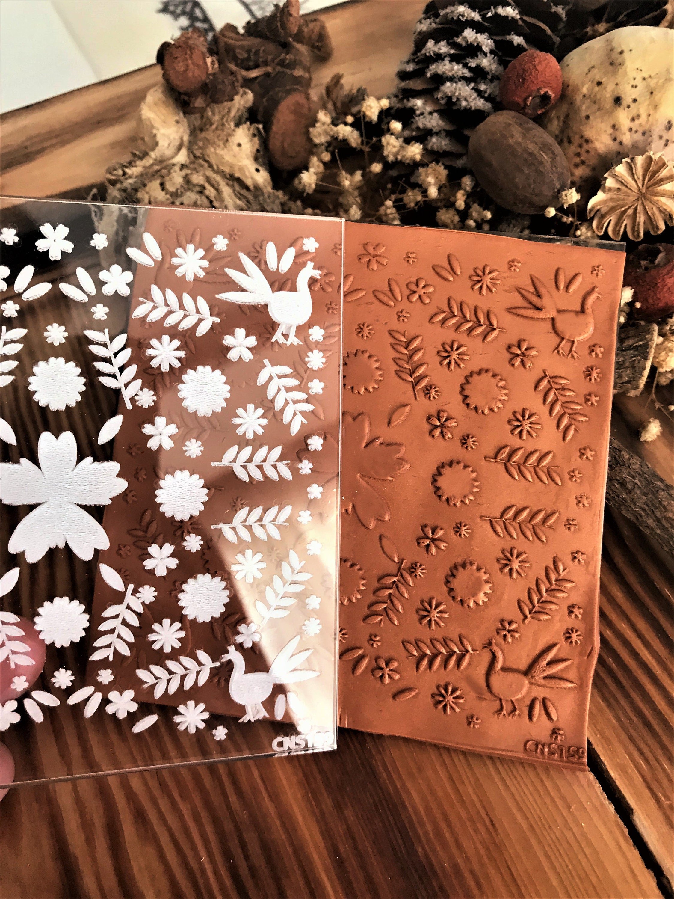 Birds and Florals Rubber or Acrylic Texture Mat – Polymer Clay Stamp, Embossing Tool, Acrylic Texture Sheet, Plaque, Tile for Fimo, Sculpey, Cernit