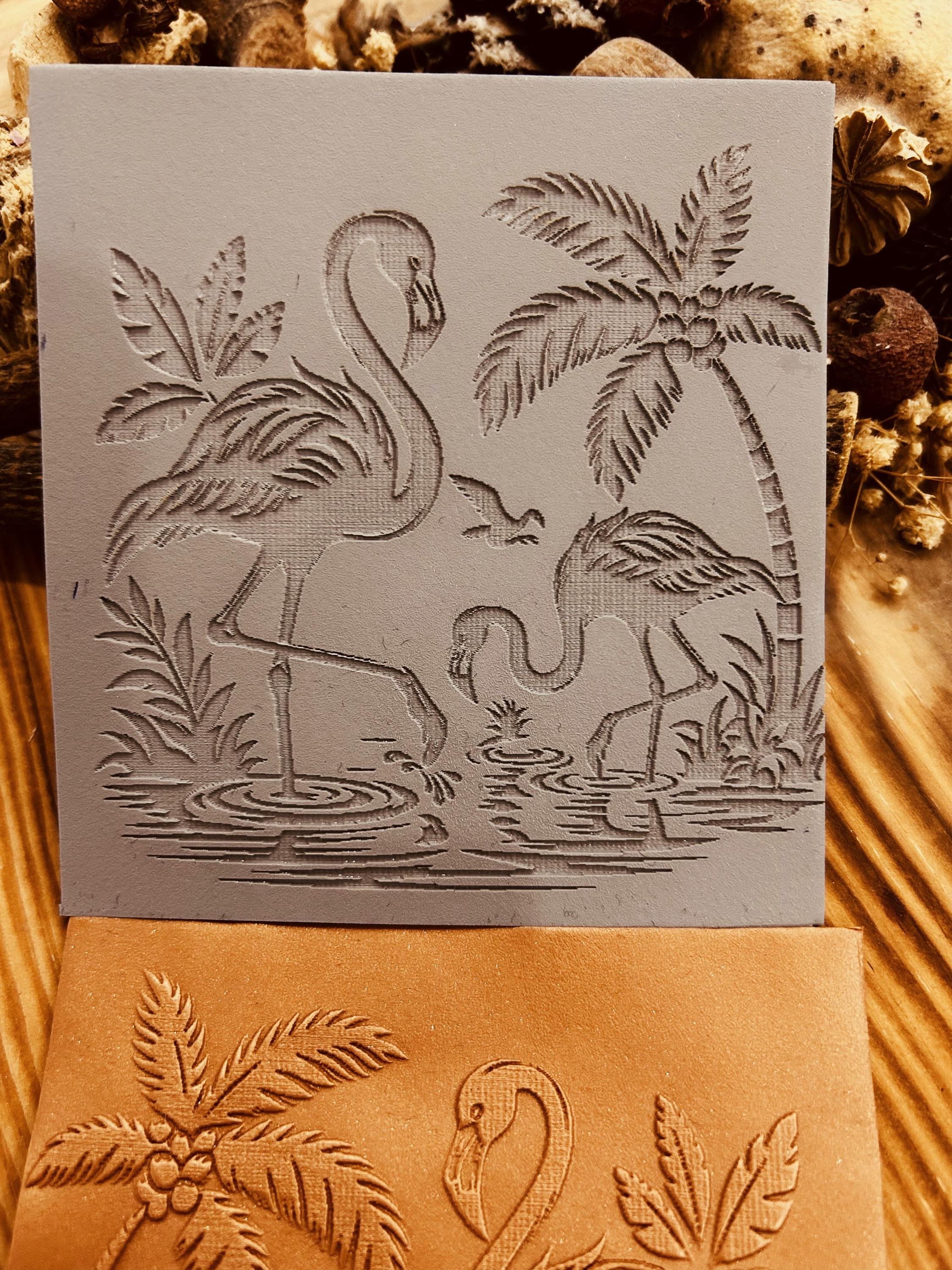 Flamingo and Palm Trees Texture Mat – Tropical Rubber Stamp for Polymer Clay , Air Dry Clay & Fondant | 7x7, 10x10, 14x14 cm
