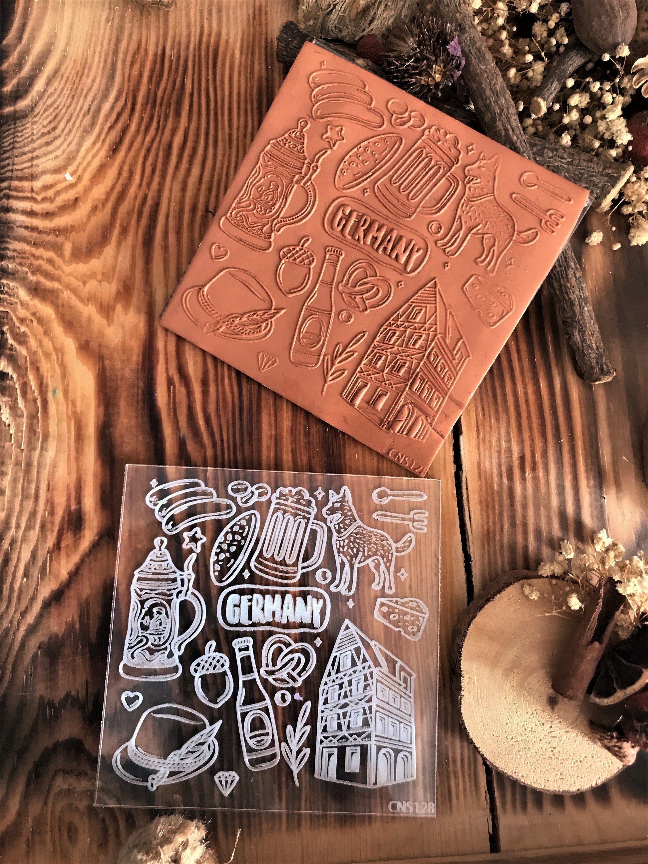 German Symbols Texture Mat – 10×10 cm Acrylic & Rubber Embossing Stamp for Polymer Clay, Ceramic, and Cake Decorating