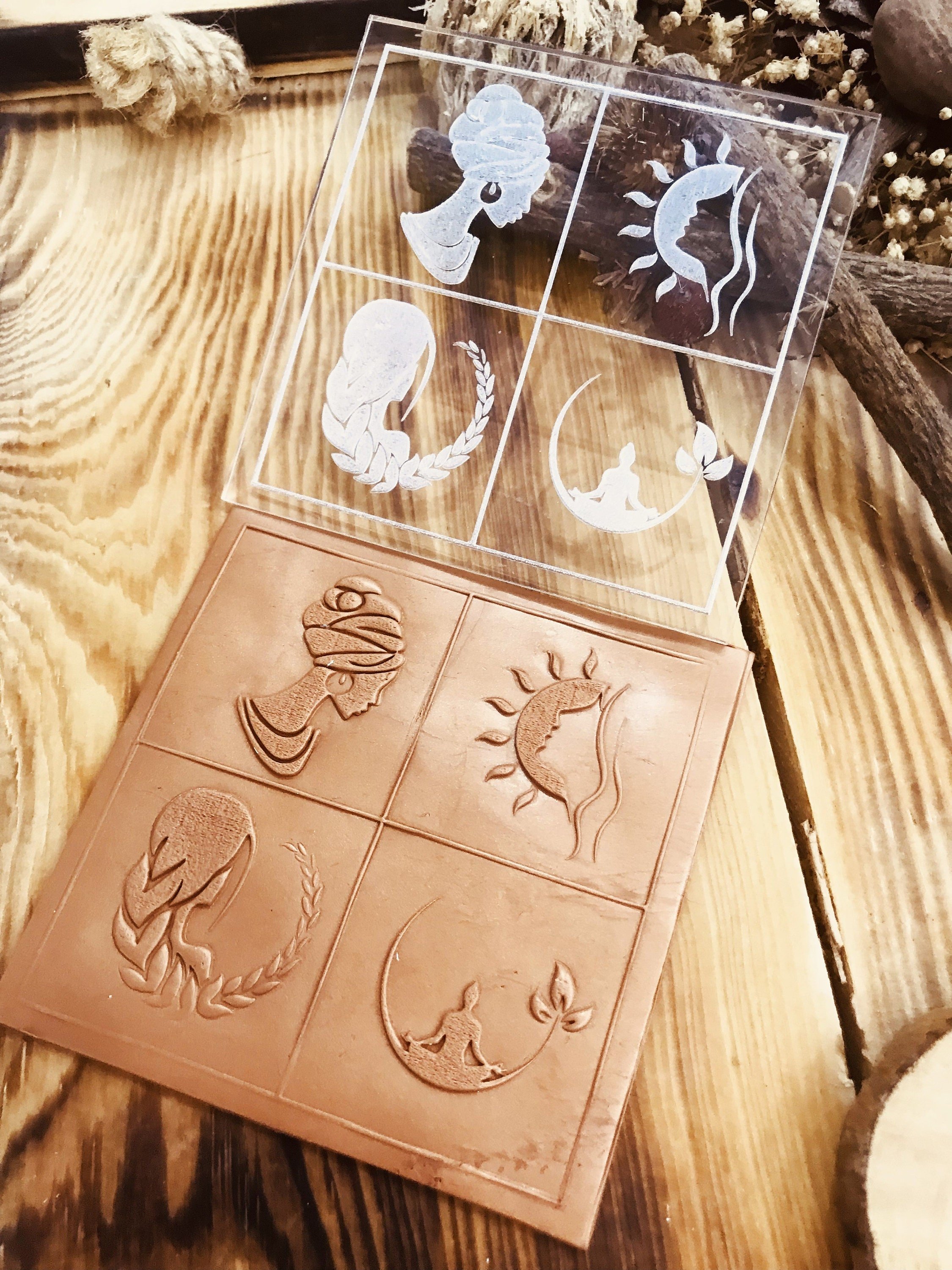 Women Symbol Texture Stamp – 4 Feminine World Symbols Mold for Polymer Clay, Air Dry Clay & Metal Clay | 10x10 cm Rubber or Acrylic