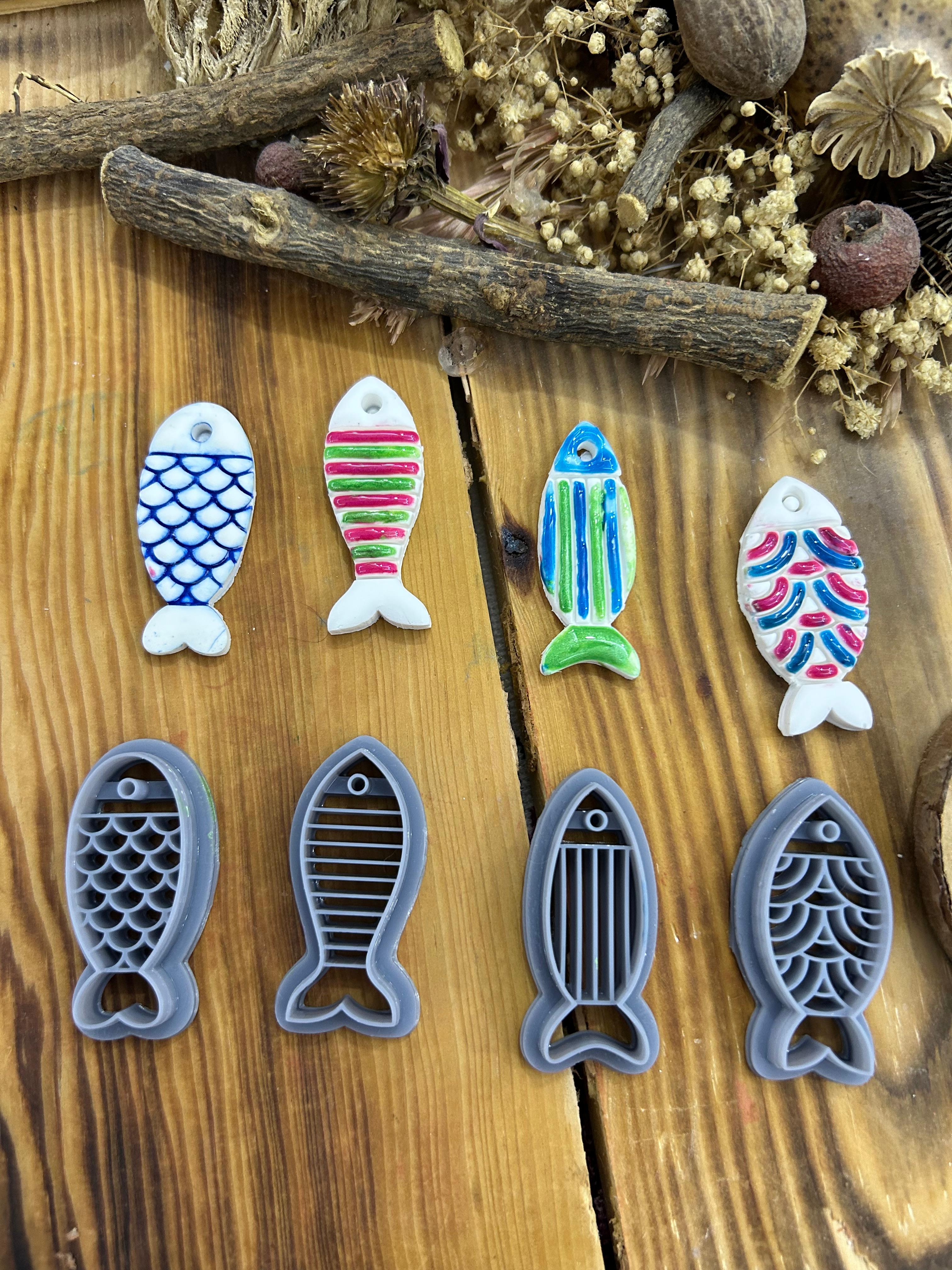 Fish Cutter Set – 4 Polymer Clay Cutters with Stripe & Scale Patterns – 3D Printed Fish Shape – Available in 25mm to 45mm Sizes