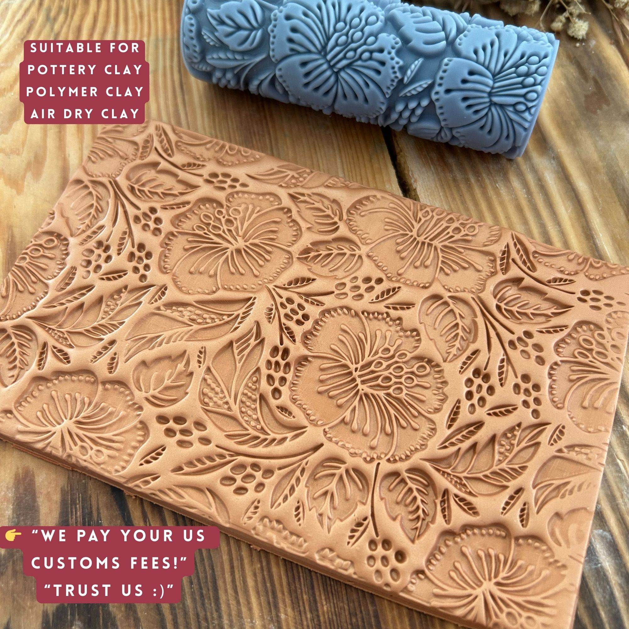 Hibiscus Çiçeği Desenli Doku Rulosu – 10 cm Kabartma Rulo, Polimer Kil, Hava ile Kuruyan Kil, Sabun, Metal Kil ve Hobi İşleri İçin