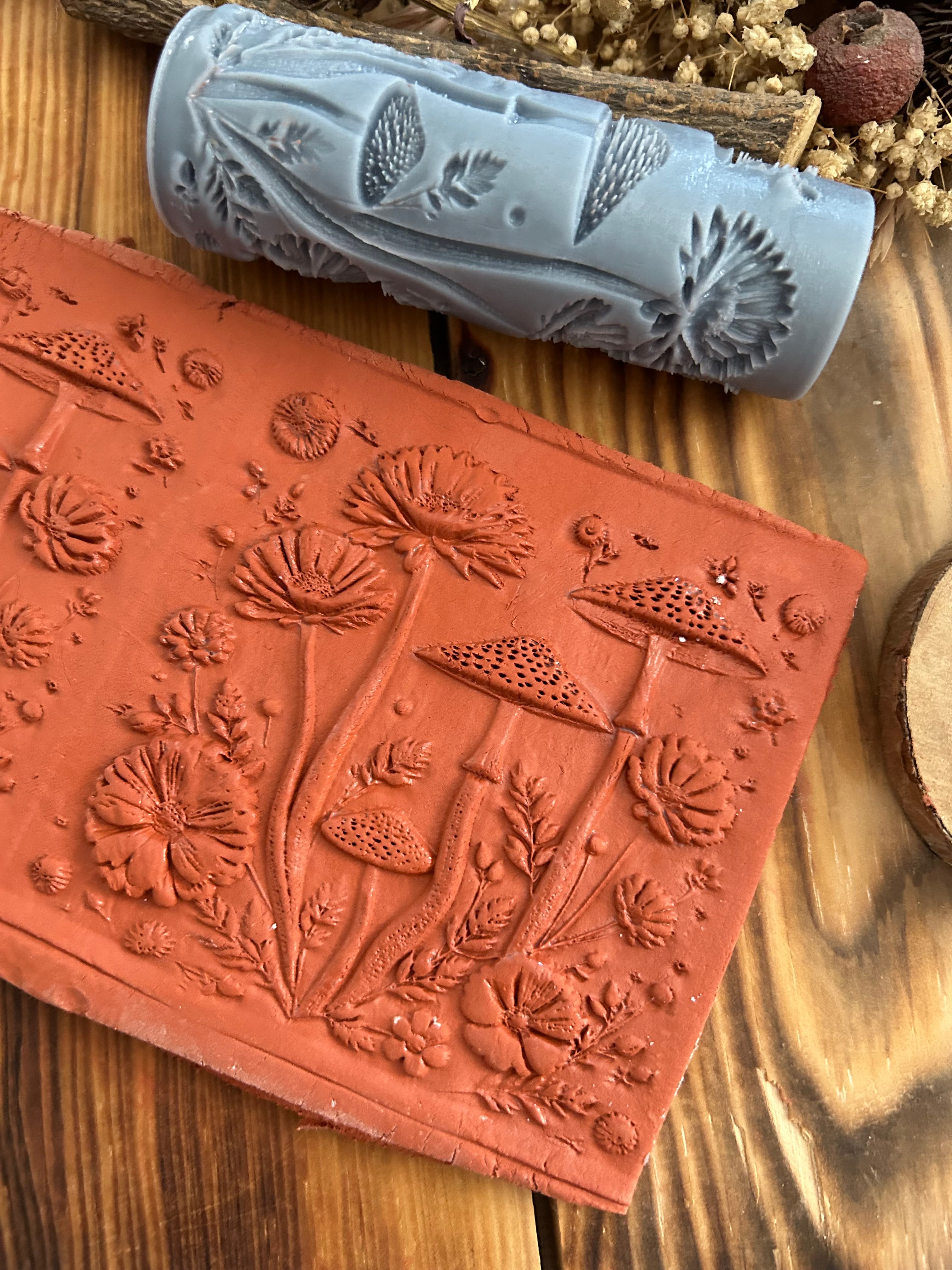 Mushroom & Wildflower Texture Roller: Polymer Clay Embossing Tool
