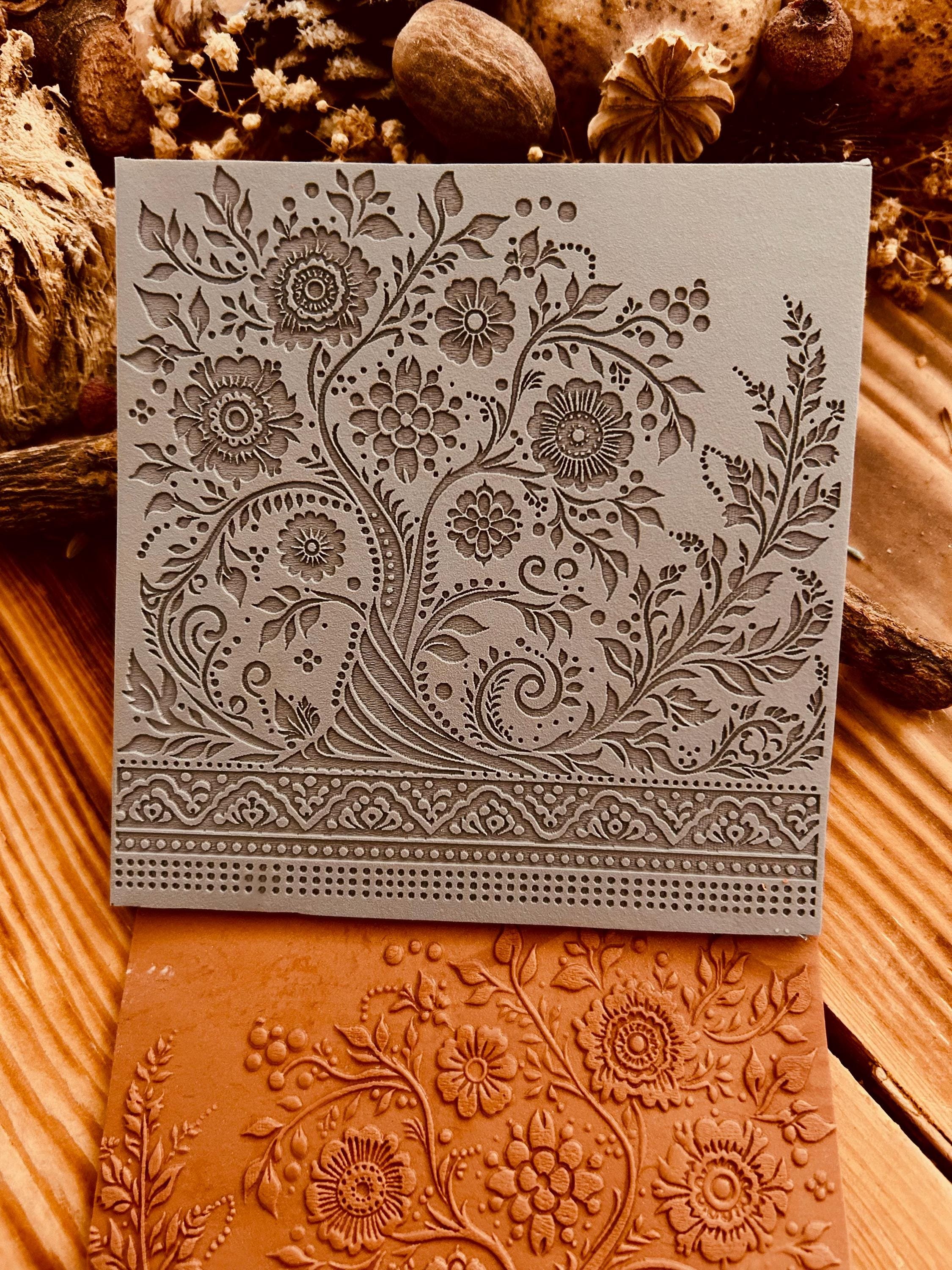 Flowers and Tree Acrylic Texture Mat – 10x10cm Polymer Clay Texture Sheet | Nature Pattern Plaque | Earring Making Tool | Fimo, Cernit, Sculpey Compatible