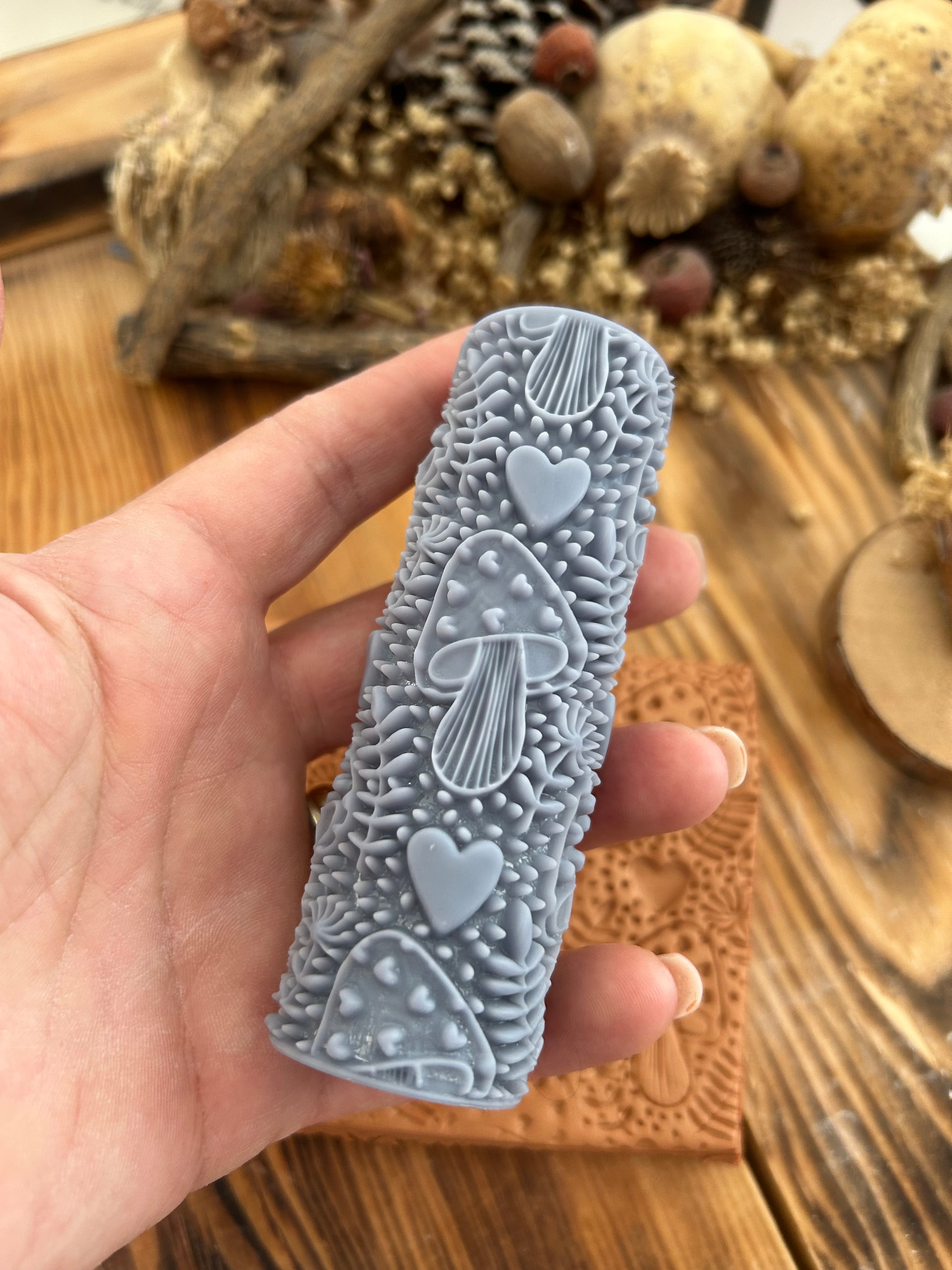 Mushroom Heart Pattern Texture Roller – 10cm Embossing Roller for Polymer Clay, Air Dry Clay, Soap, Metal Clay & DIY Crafts