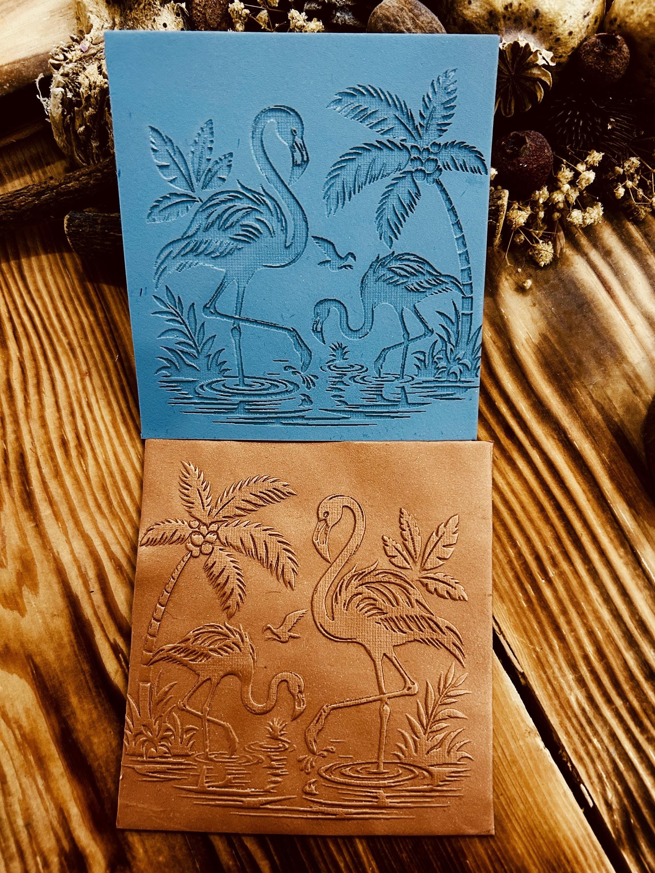 Flamingo and Palm Trees Texture Mat – Tropical Rubber Stamp for Polymer Clay , Air Dry Clay & Fondant | 7x7, 10x10, 14x14 cm