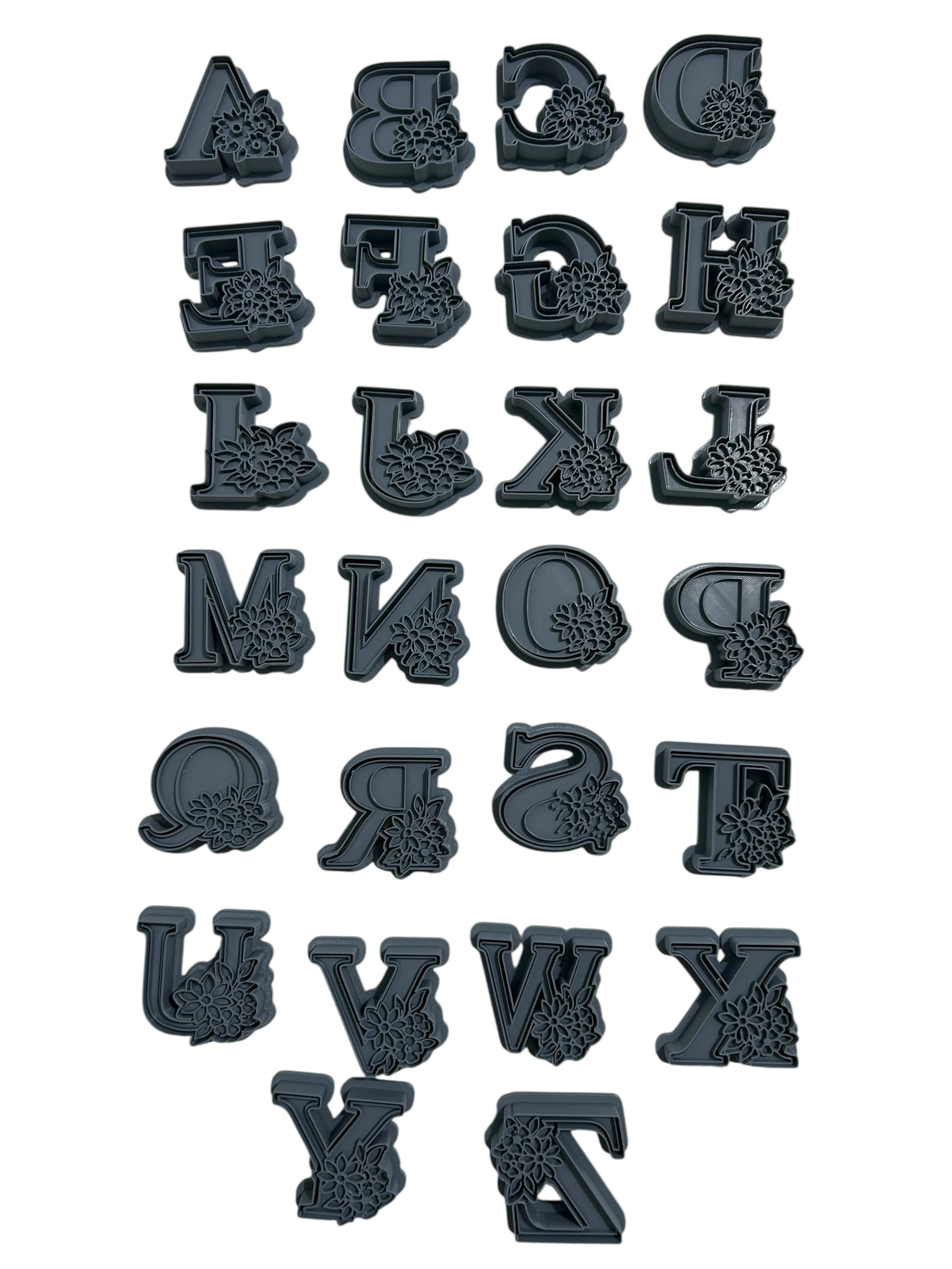 Çiçekli Alfabe Harf Damga + Kesici | 6 cm | Tek Harf veya A–Z Set | Kurabiye, Hava ile Kuruyan Kil, Polimer Kil, Sabun ve Mum İçin