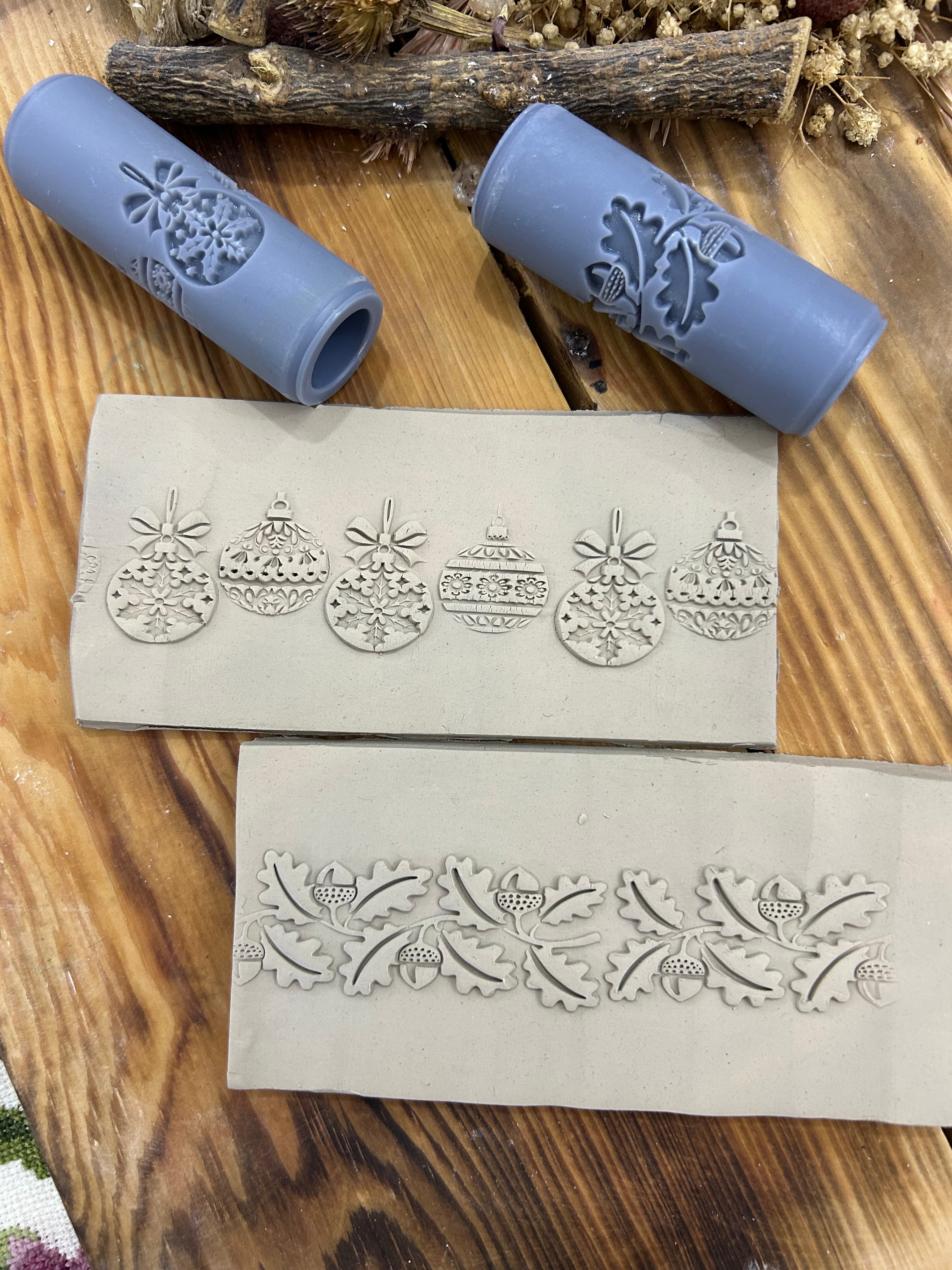 Set of 2 Christmas Rollers – Ornaments & Acorn Border | 7 cm (2.76”) Embossing Rollers for Polymer Clay, Air Dry Clay, Soap & Crafts