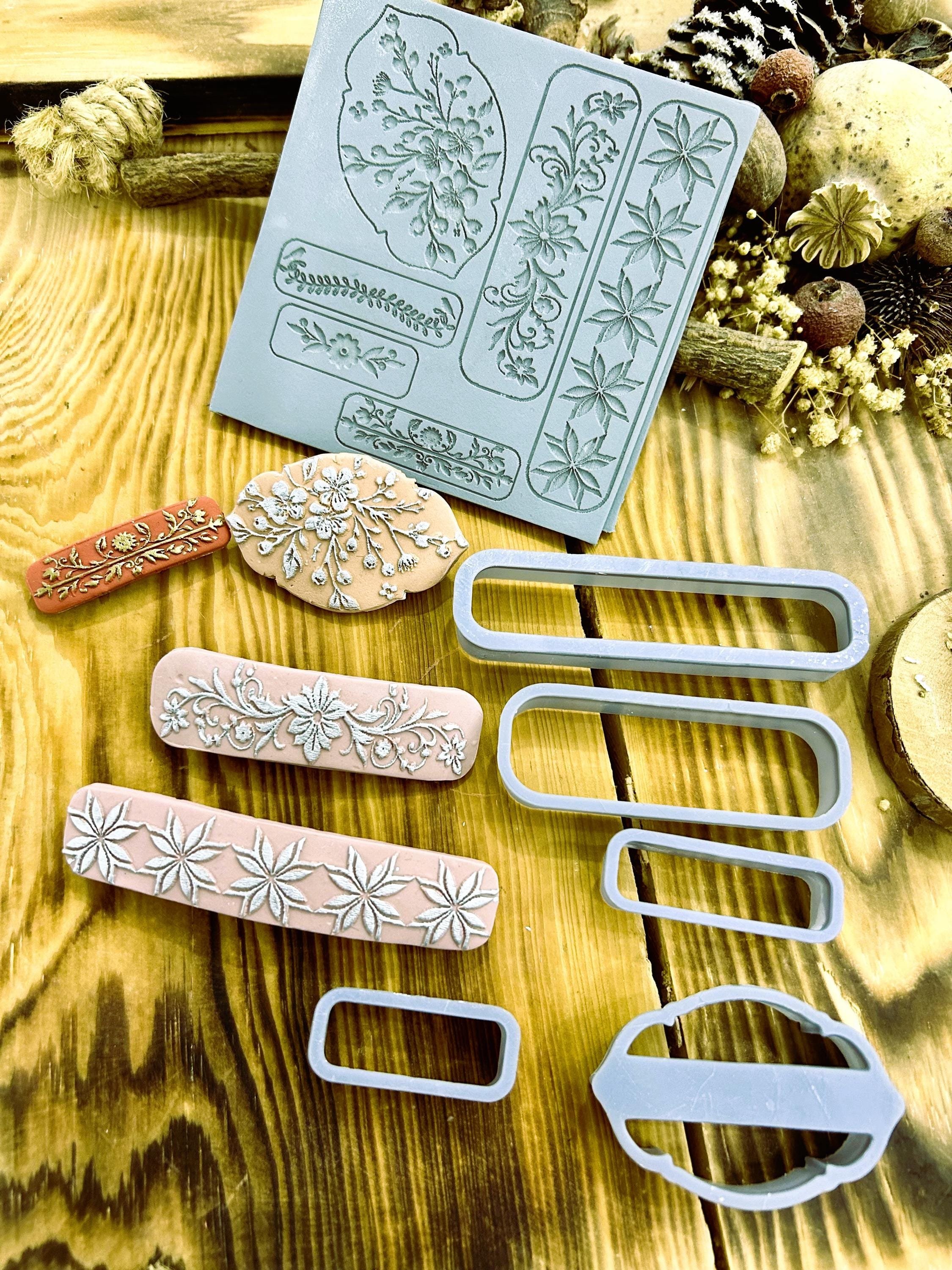 Hair Clip Making Set – Floral Rubber Texture Mat & 5 Cutter Set | Polymer Clay Texture Tools | Hair Barrette Clay Cutter | Jewelry Making Tools