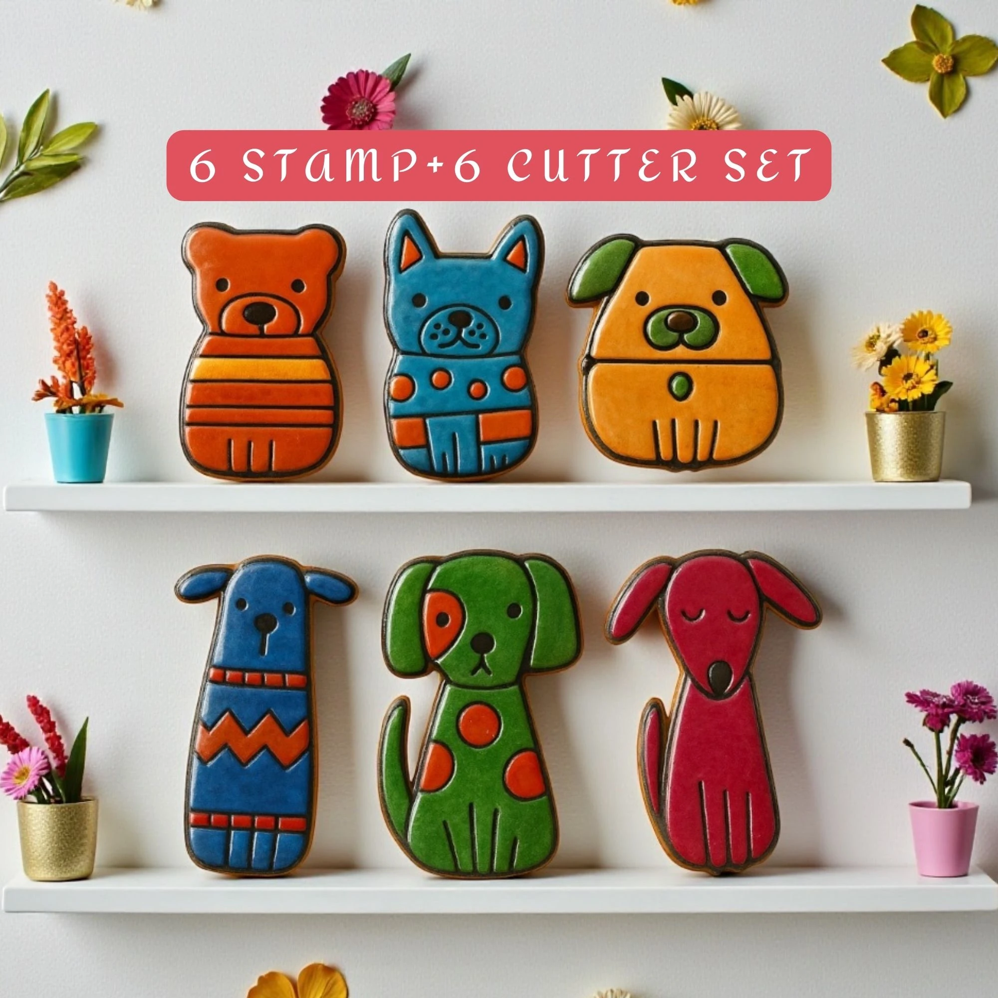 Paw Pals – 6'lı Köpek Damga ve Kesici Seti |Kurabiye|Seramik| Polimer Kil & Hava ile Kuruyan Kil İçin