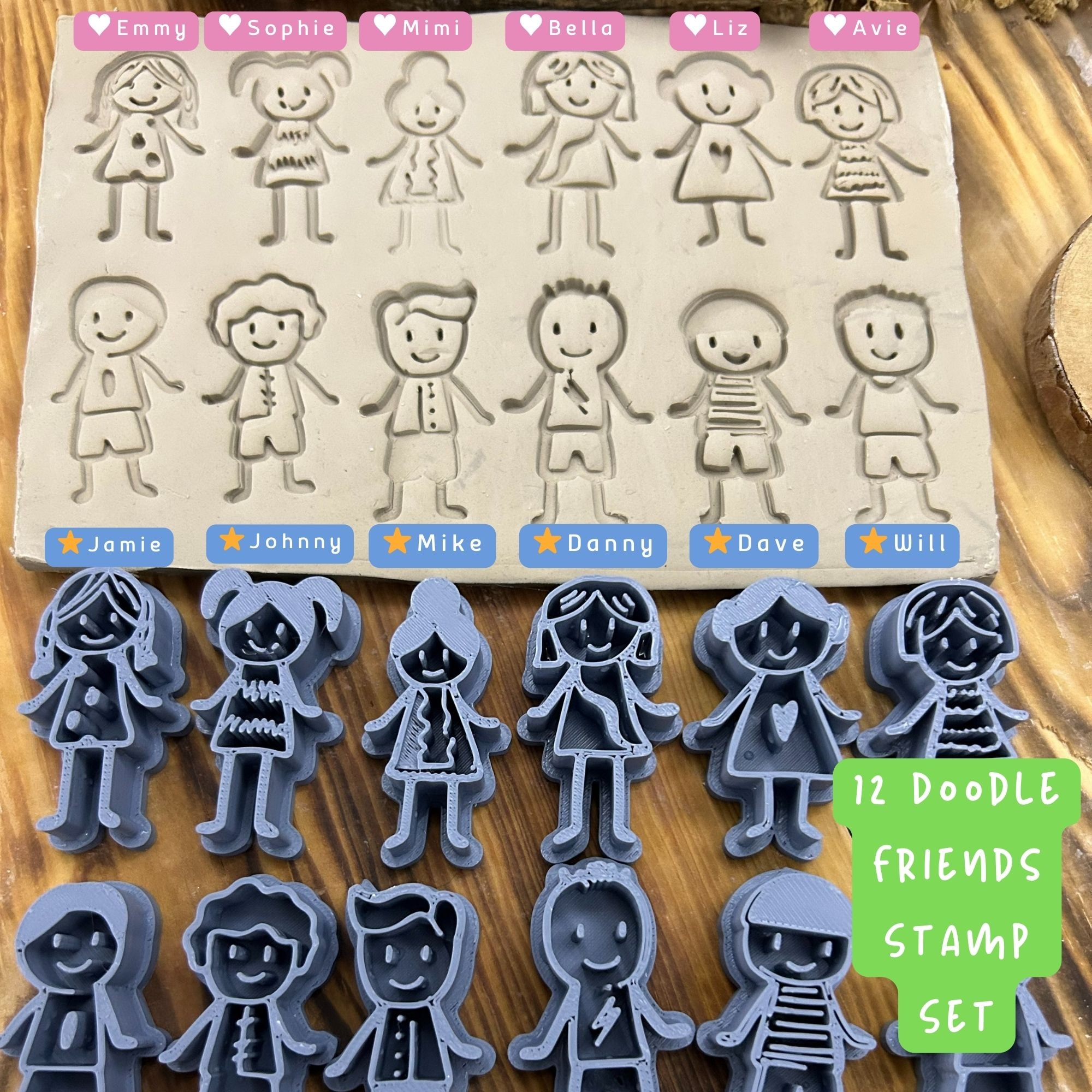 12 Doodle Friends Stamp Set – 12 Cute Boy & Girl Stamps for Polymer Clay, Air Dry Clay, Soap, Wax And Cookie Dough
