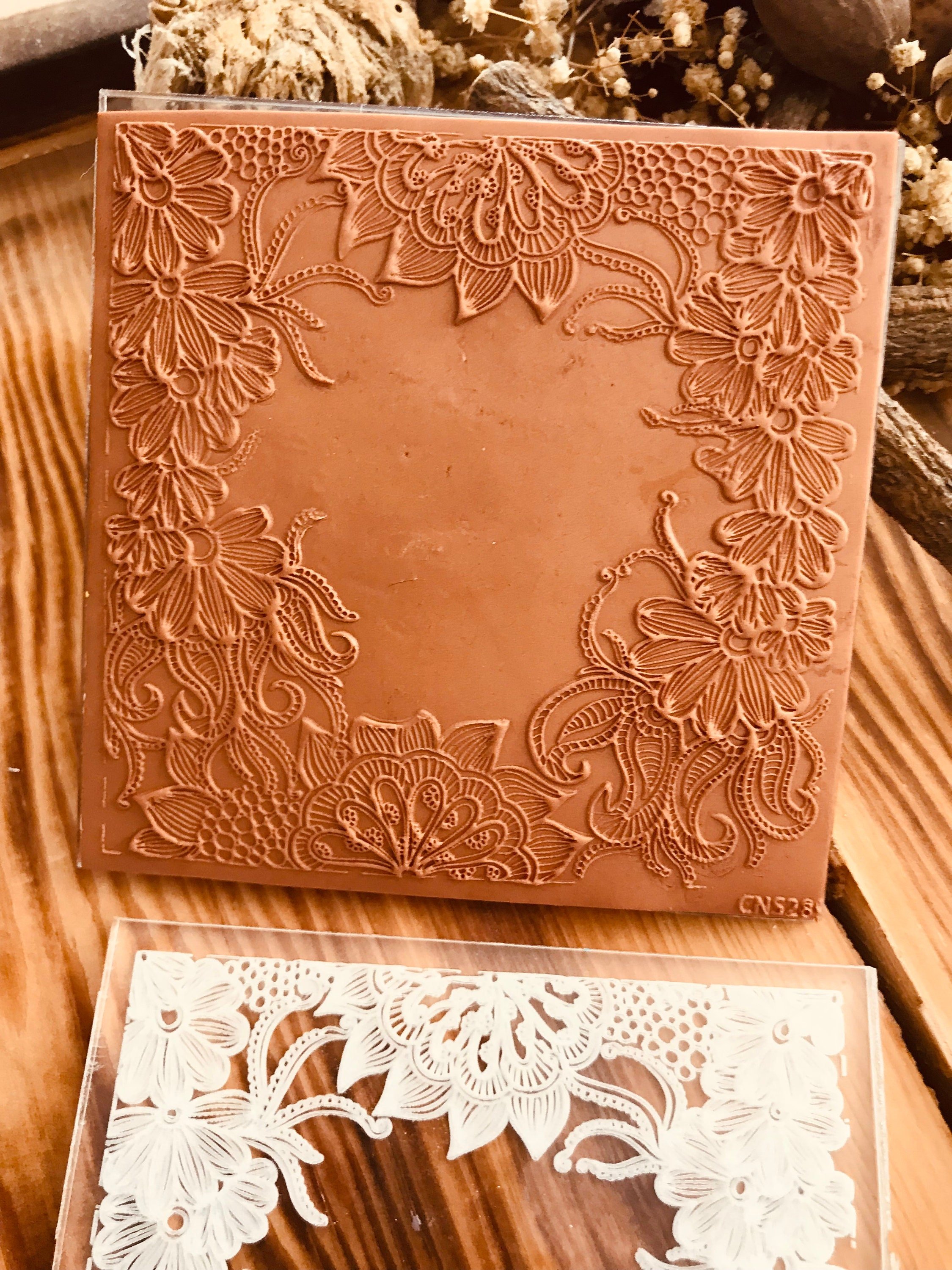 Floral Lace Texture Mat – Acrylic or Rubber Embossing Sheet for Polymer Clay, Fondant & Crafts | 10x10 cm Lace Pattern Stamp with Bonus Cutter