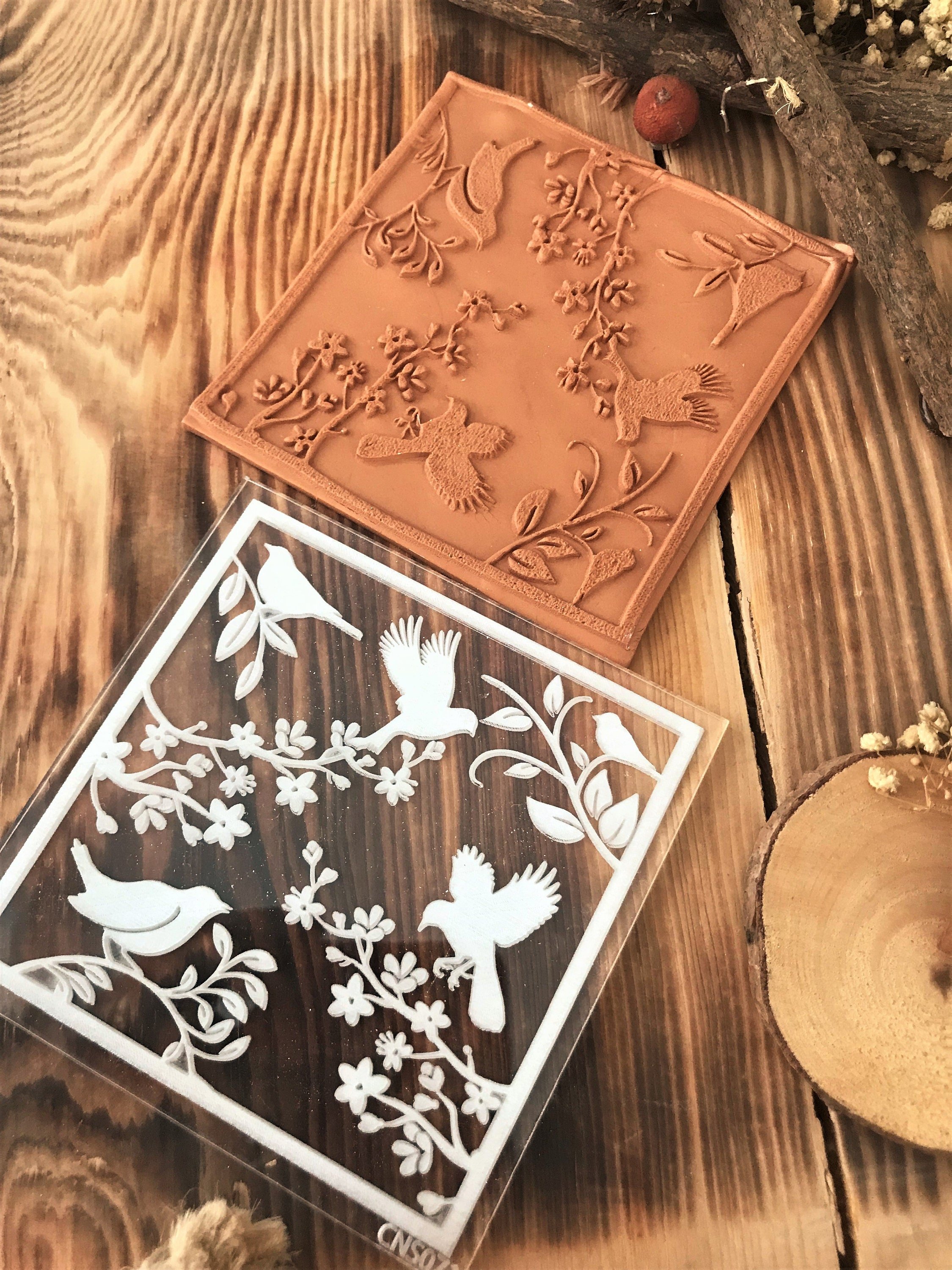 Bird Floral Rubber And Acrylic Texture Mat Stamp for Polymer Clay, Acrylic Clay Tool, Ceramic Pattern Supplies, Crafting Texture Sheet