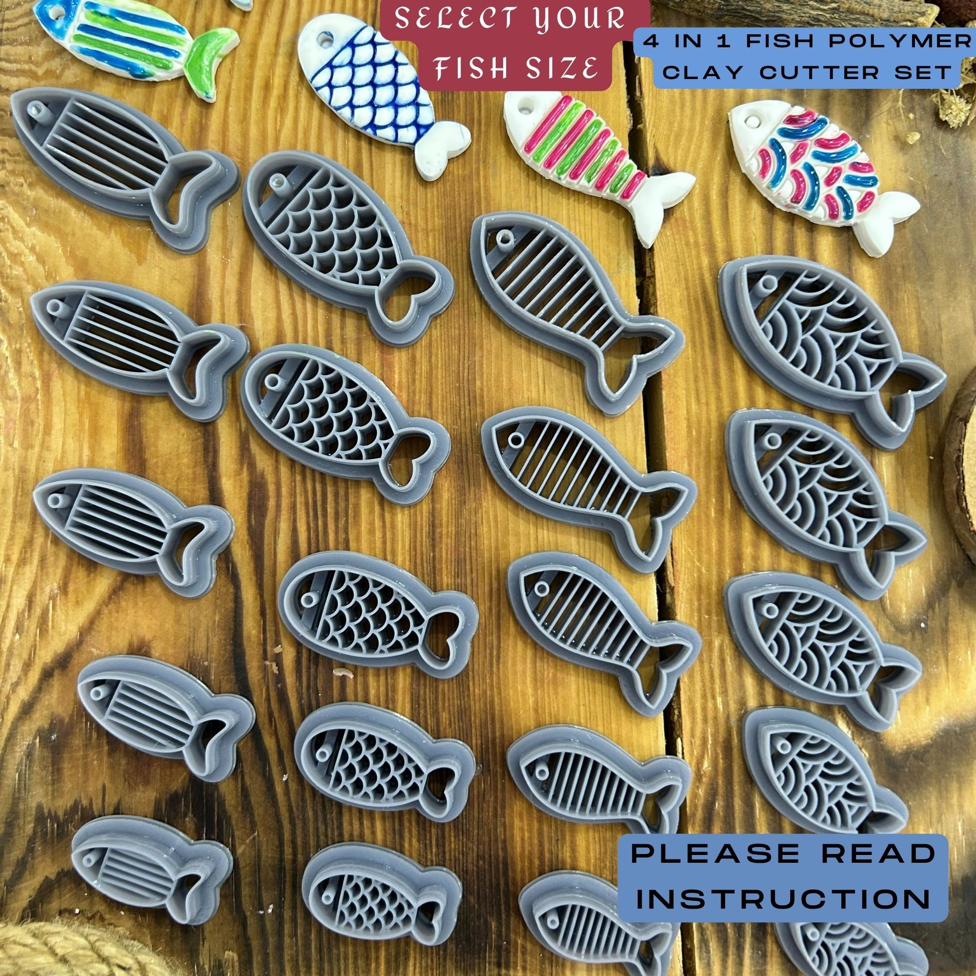 Fish Cutter Set – 4 Polymer Clay Cutters with Stripe & Scale Patterns – 3D Printed Fish Shape – Available in 25mm to 45mm Sizes