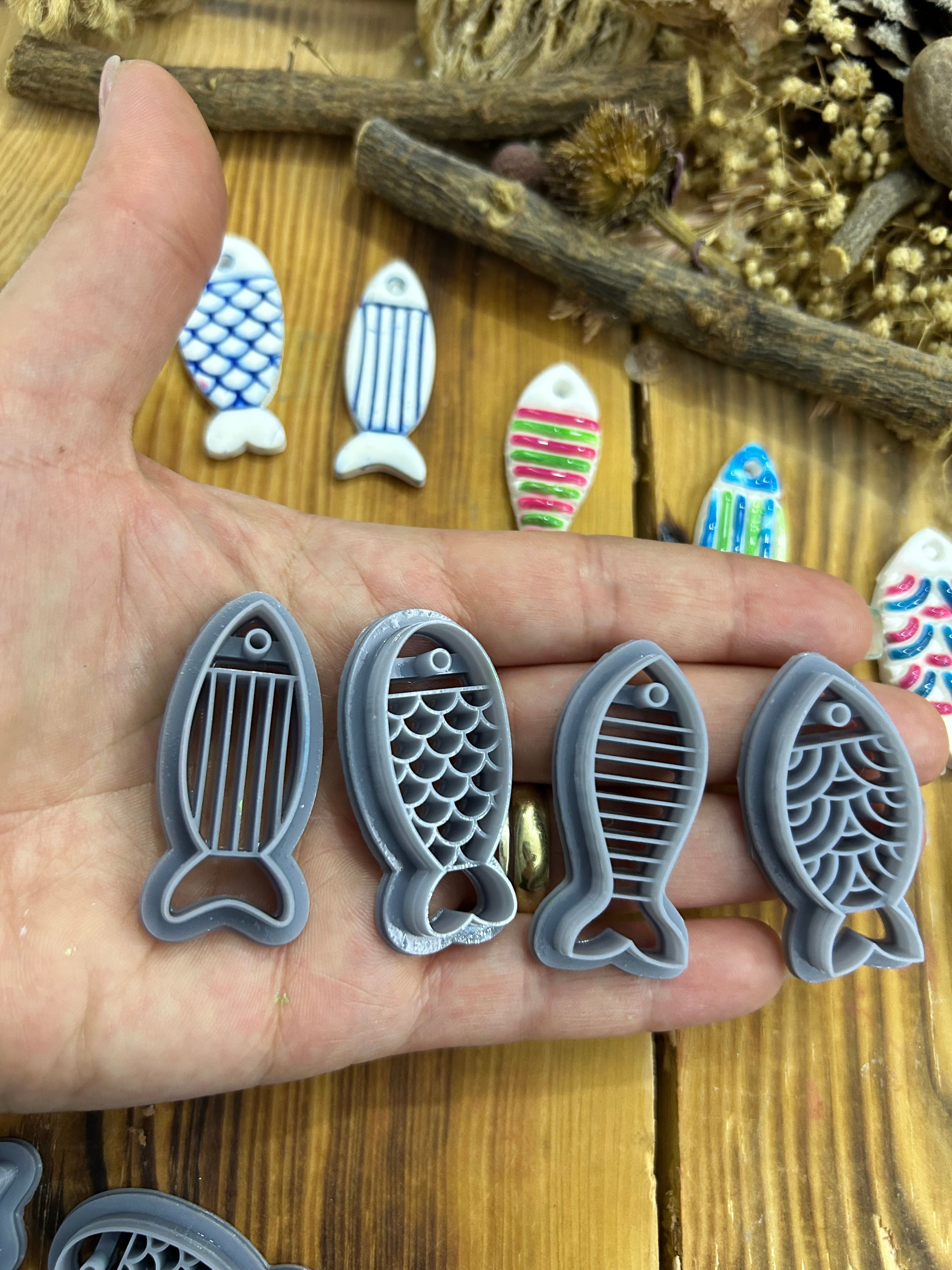 Fish Cutter Set – 4 Polymer Clay Cutters with Stripe & Scale Patterns – 3D Printed Fish Shape – Available in 25mm to 45mm Sizes