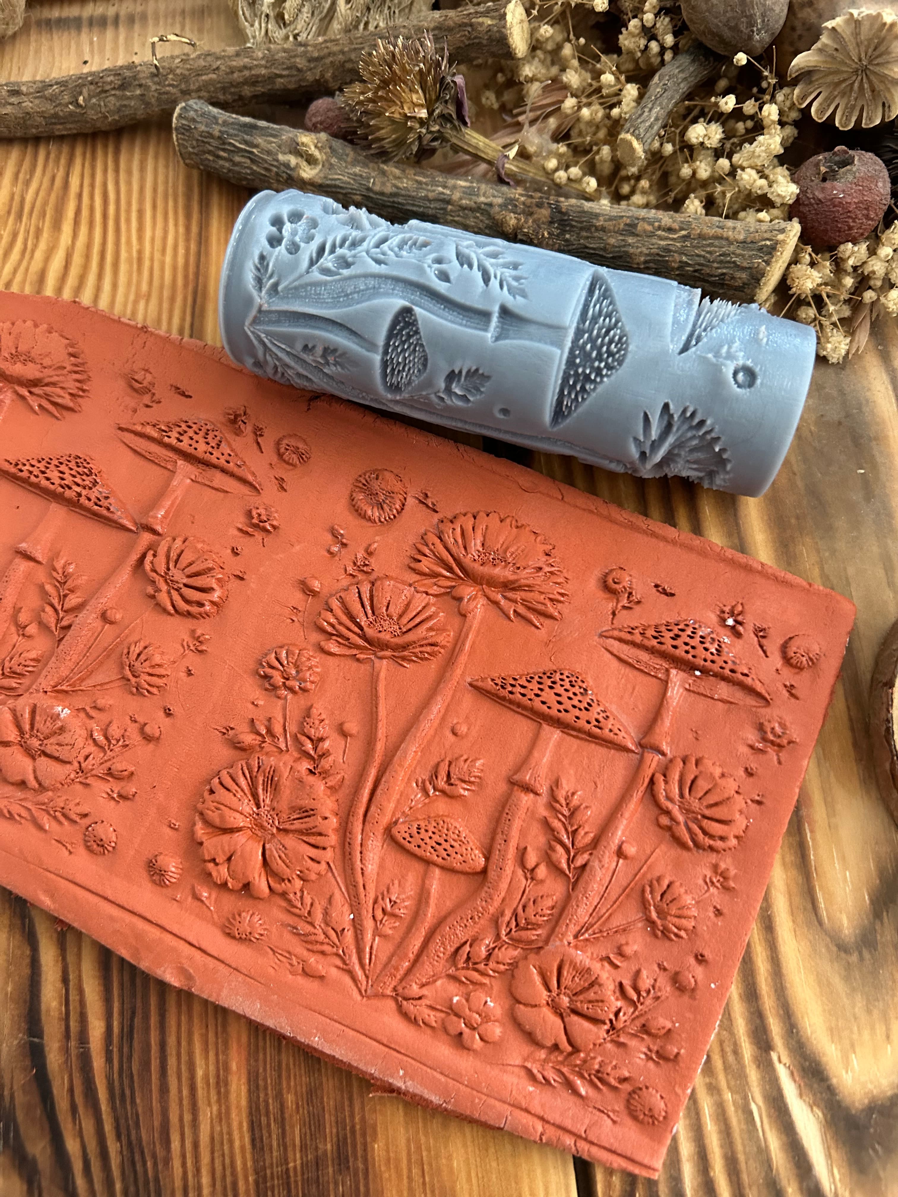 Mushroom & Wildflower Texture Roller: Polymer Clay Embossing Tool