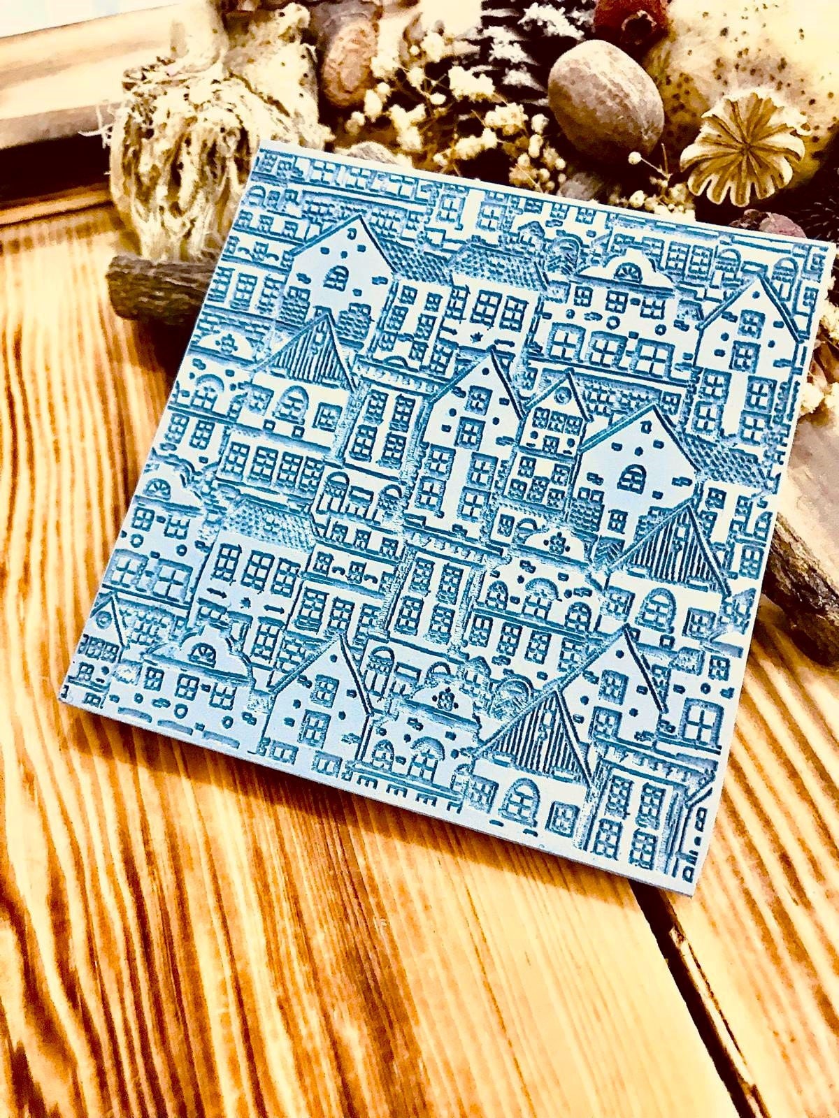Houses Party Pattern Acrylic Texture Mat – 10x10cm | Polymer Clay Texture Sheet | Embossing Stamp for Clay, Fondant | Fimo, Sculpey, Cernit Compatible