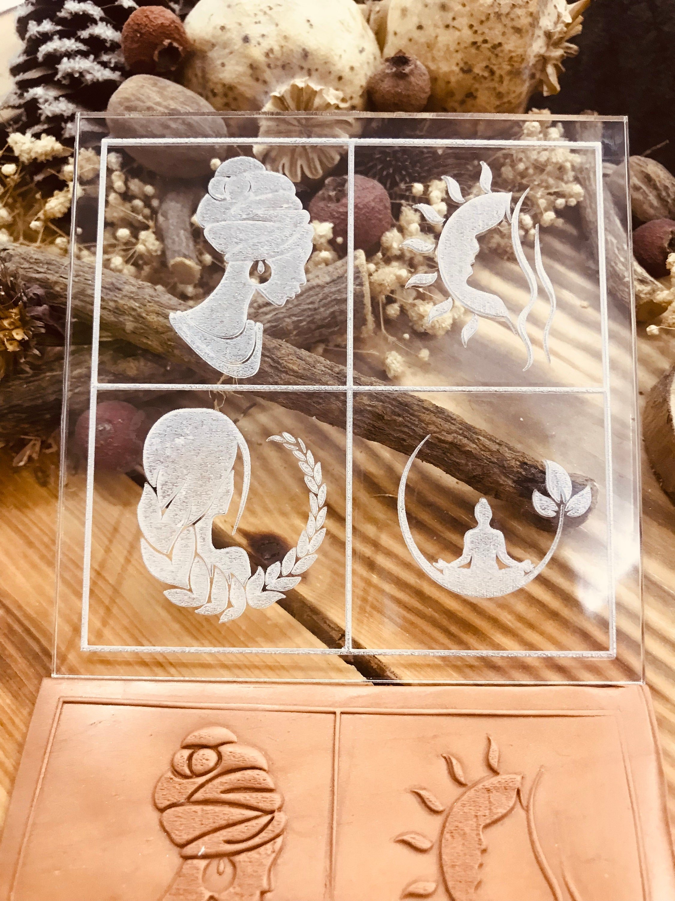 Women Symbol Texture Stamp – 4 Feminine World Symbols Mold for Polymer Clay, Air Dry Clay & Metal Clay | 10x10 cm Rubber or Acrylic