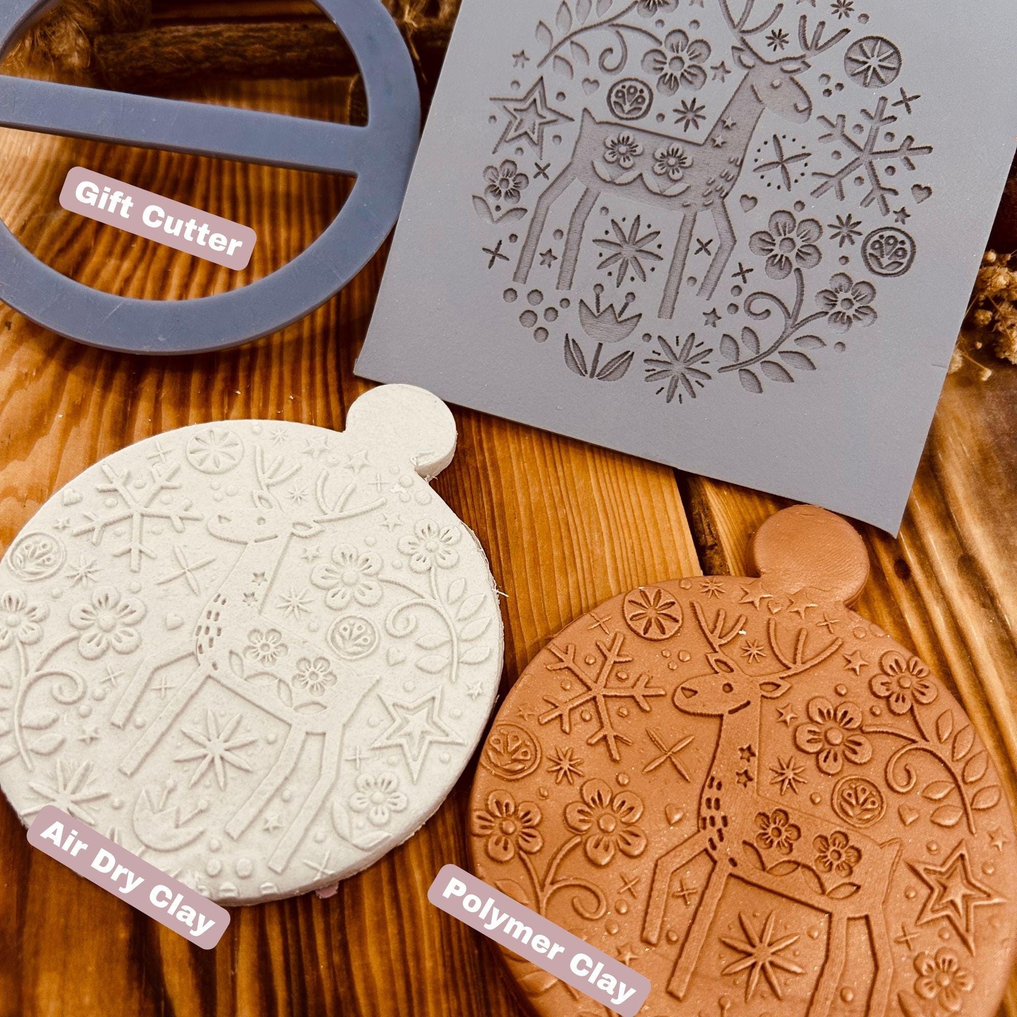 Deer with Flowers Rubber Texture Mat – 10x10 cm Nordic Style Stamp for Polymer Clay, Air Dry Clay + Free Gift Cutter