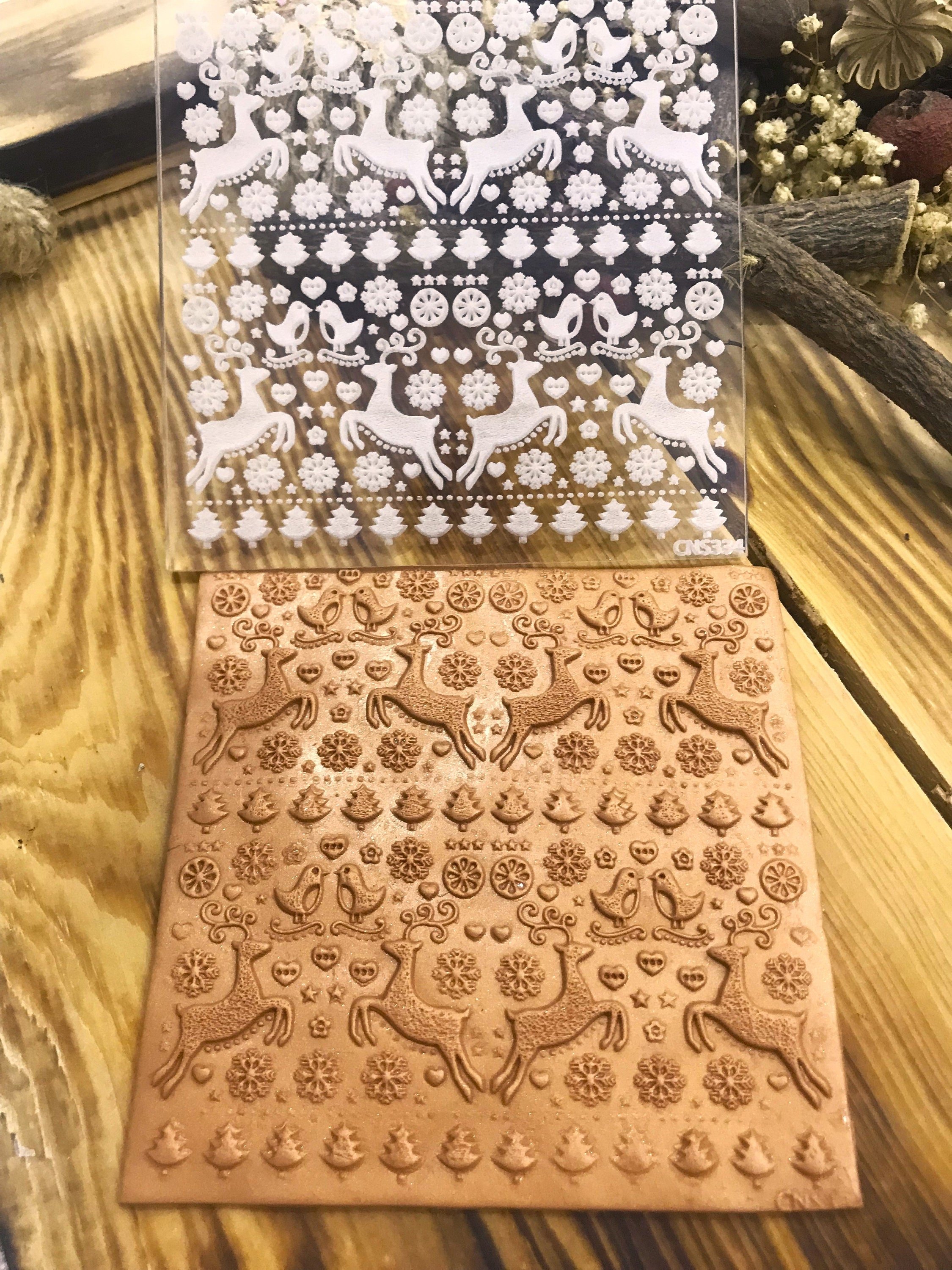 Nordic Style Reindeer and Bells Texture Mat – 10x10 cm – Polymer Clay, Air Dry Clay, Metal Clay, and Soap Compatible – Acrylic or Rubber Options