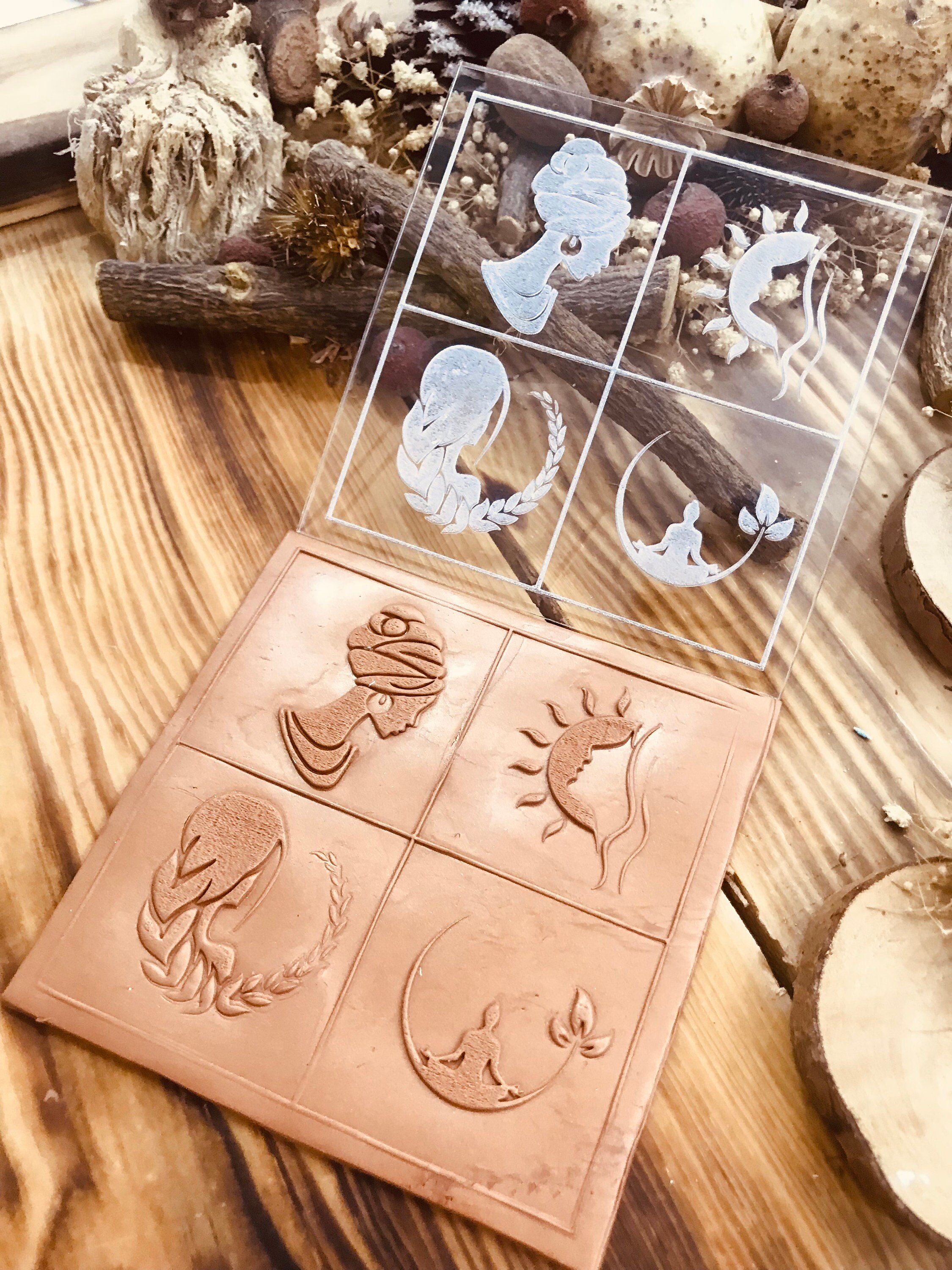 Women Symbol Texture Stamp – 4 Feminine World Symbols Mold for Polymer Clay, Air Dry Clay & Metal Clay | 10x10 cm Rubber or Acrylic