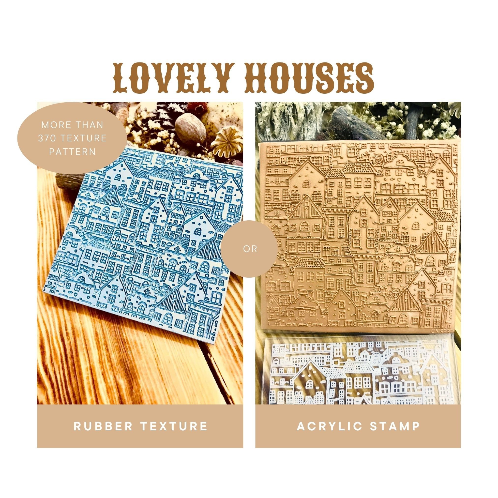 Houses Party Pattern Acrylic Texture Mat – 10x10cm | Polymer Clay Texture Sheet | Embossing Stamp for Clay, Fondant | Fimo, Sculpey, Cernit Compatible