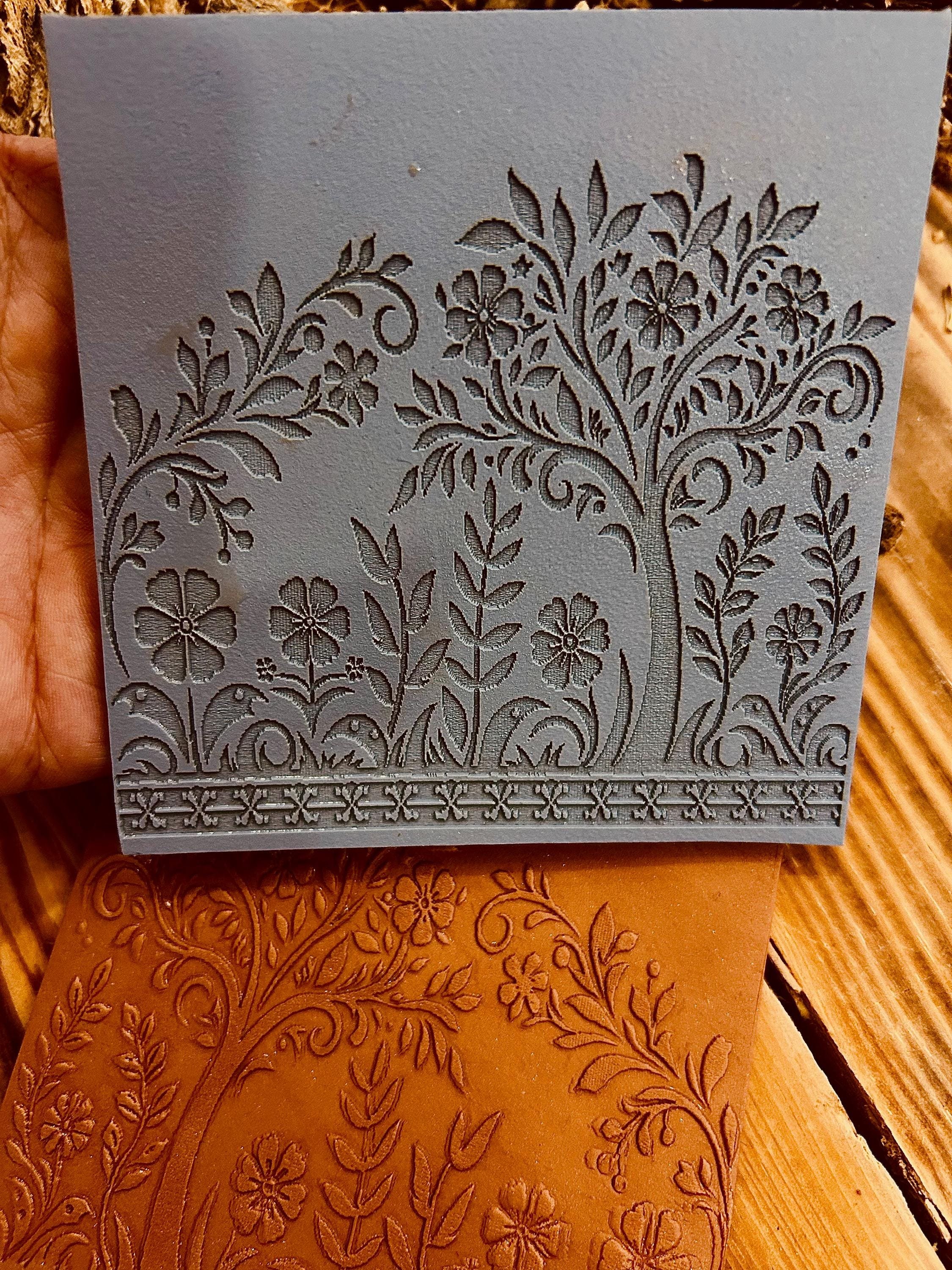 Flowers and Tree Acrylic Texture Mat – 10x10cm Polymer Clay Texture Sheet | Botanical Pattern Stamp for Earrings, Mugs, Crafts | Fimo Sculpey Cernit Compatible