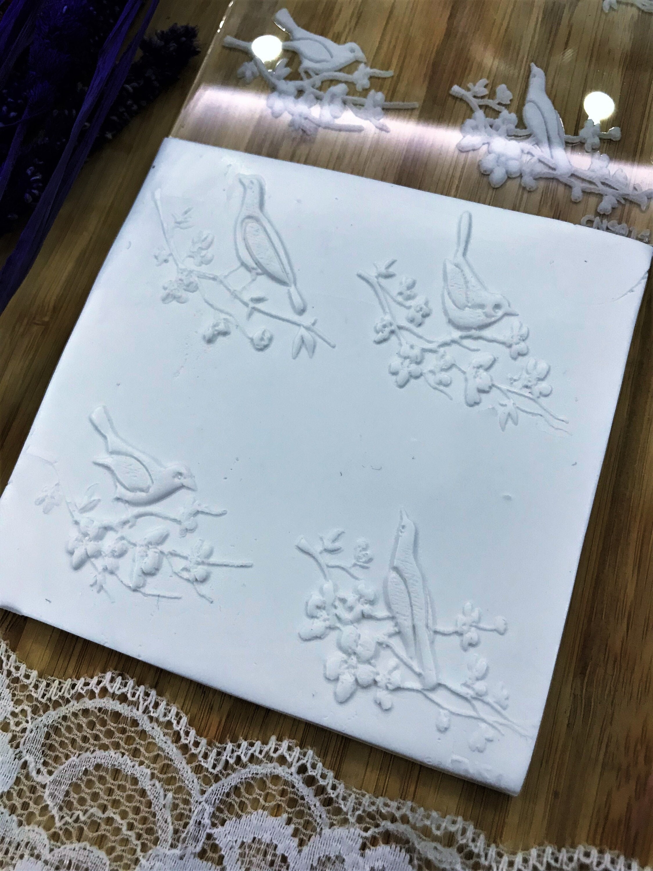 Bird Flower Clay Rubber Or Acrylic Texture Mat – Acrylic Clay Tool, Dough Sheeter, Ceramic Supplies, Crafting Texture Plate