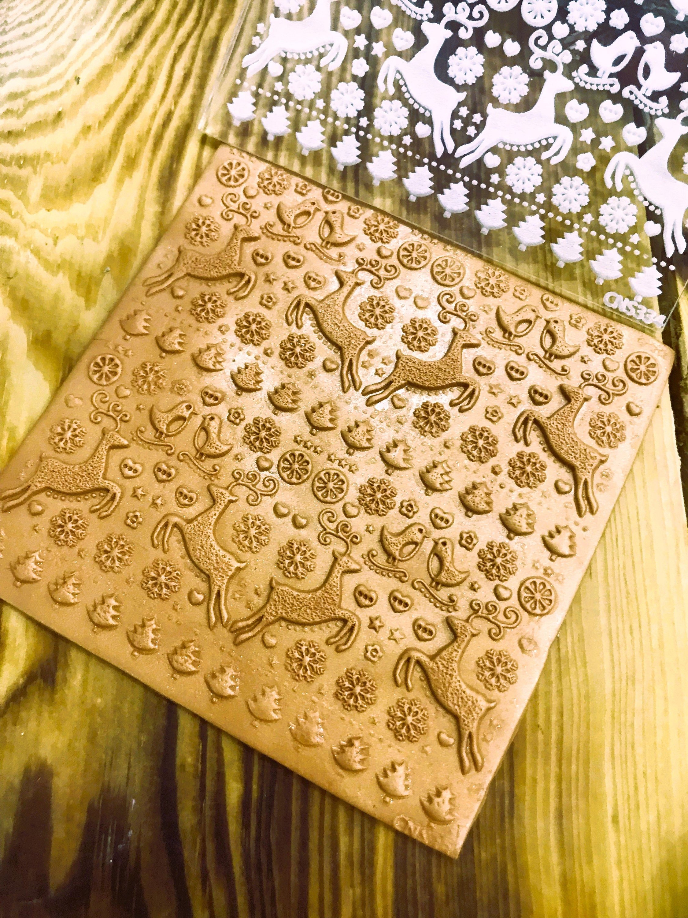 Nordic Style Reindeer and Bells Texture Mat – 10x10 cm – Polymer Clay, Air Dry Clay, Metal Clay, and Soap Compatible – Acrylic or Rubber Options