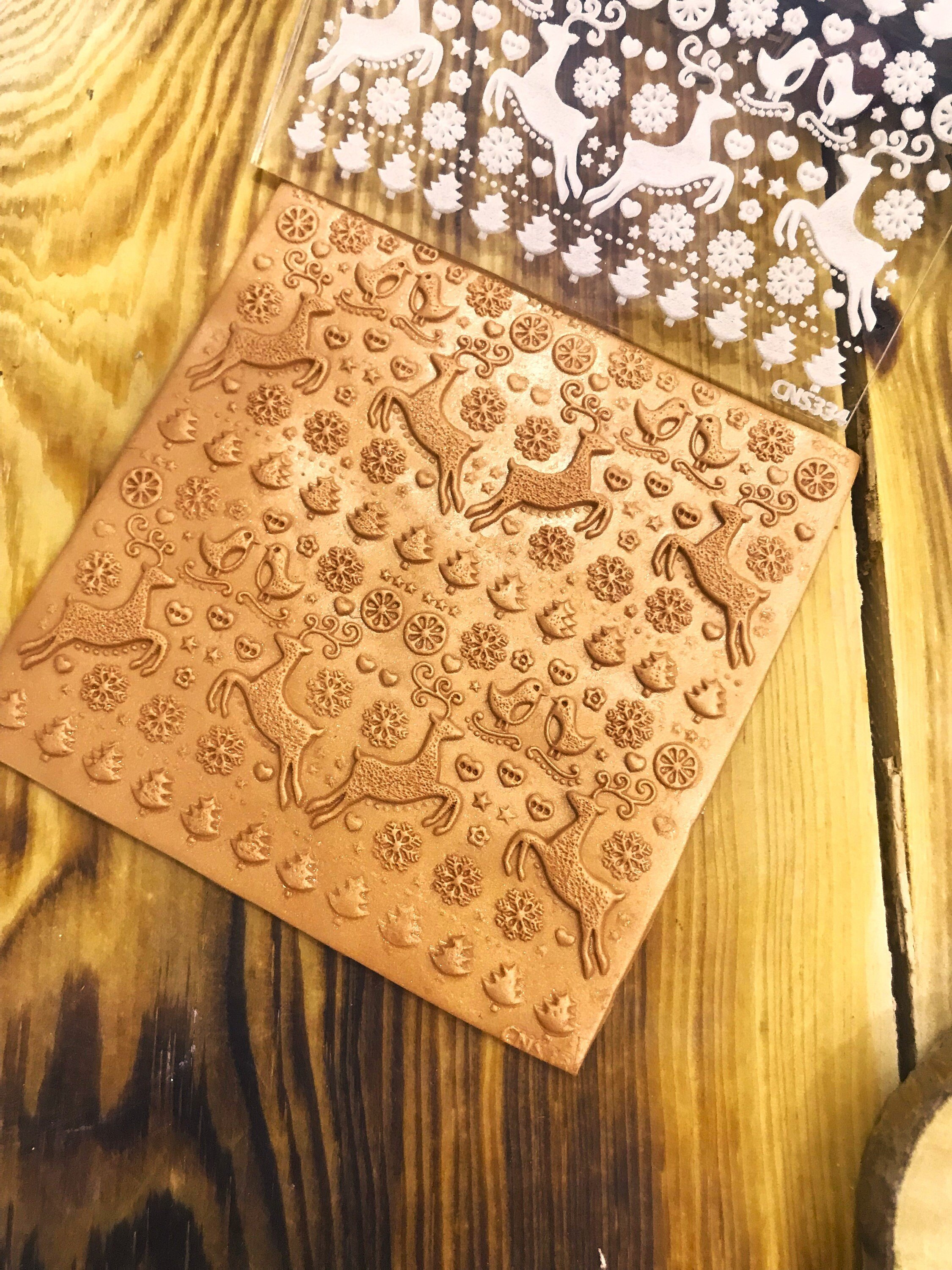 Nordic Style Reindeer and Bells Texture Mat – 10x10 cm – Polymer Clay, Air Dry Clay, Metal Clay, and Soap Compatible – Acrylic or Rubber Options