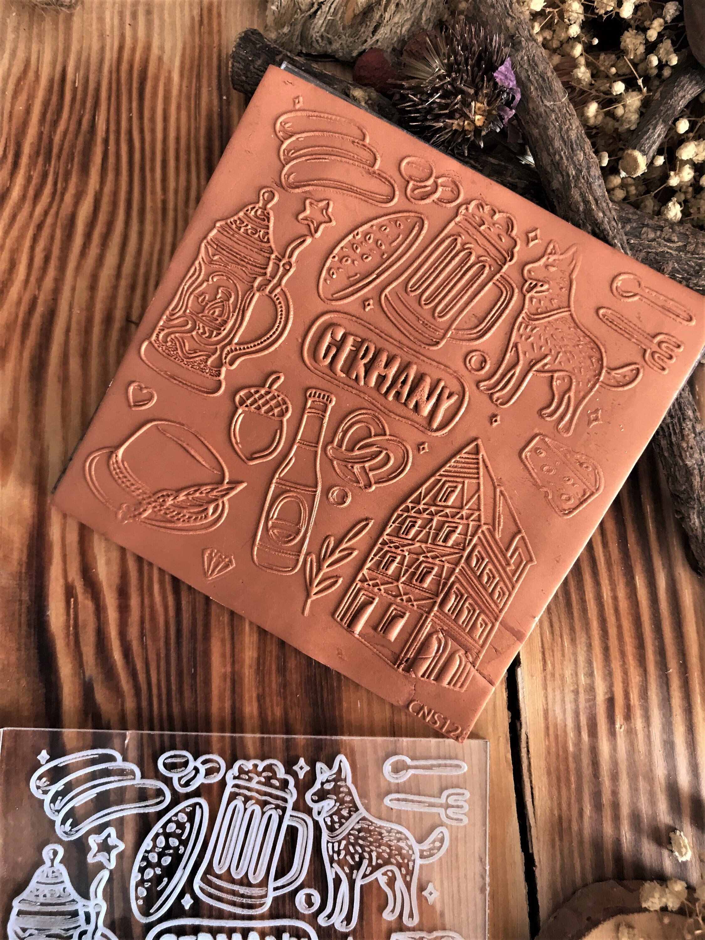 German Symbols Texture Mat – 10×10 cm Acrylic & Rubber Embossing Stamp for Polymer Clay, Ceramic, and Cake Decorating