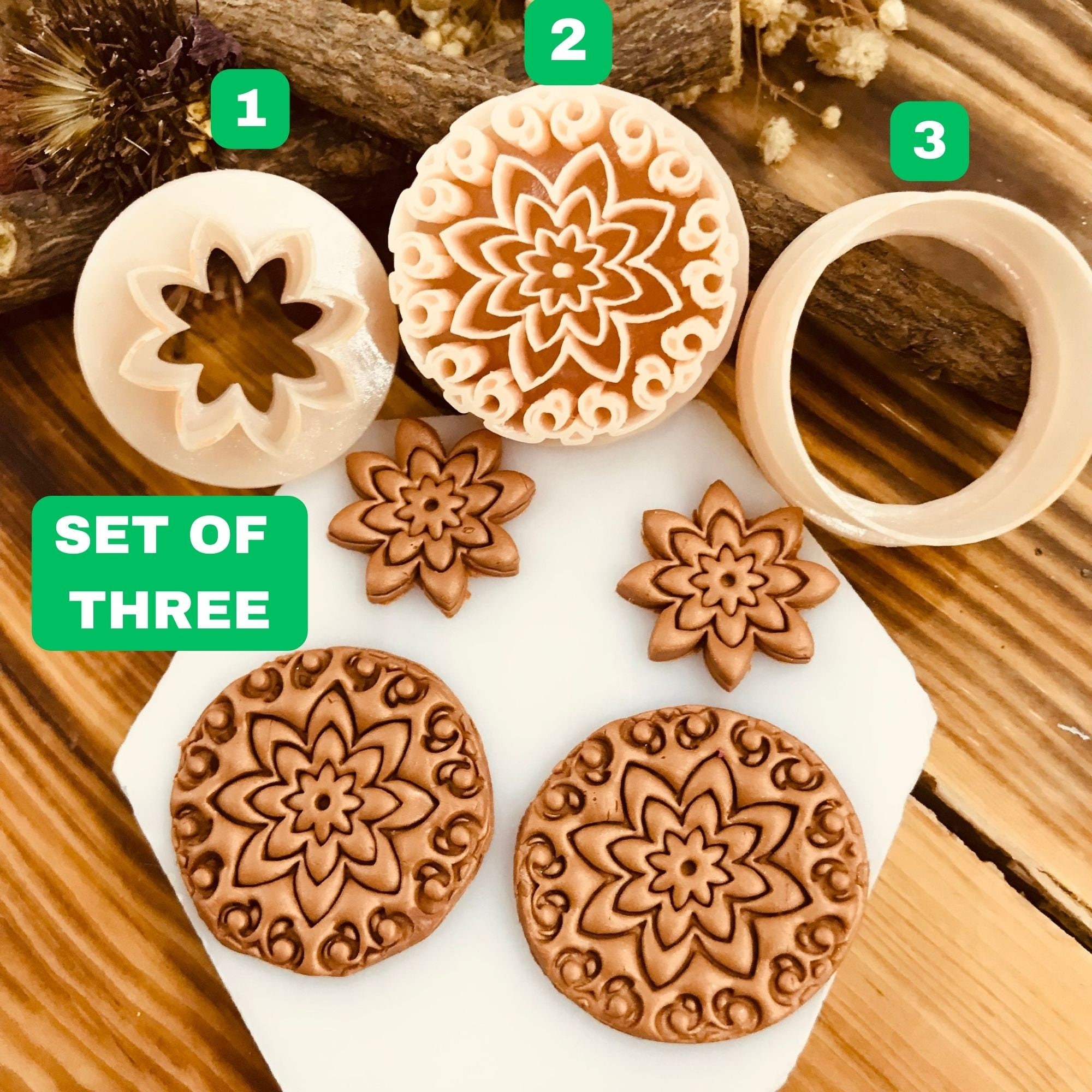 SET OF THREE Mandala Pattern Polymer Clay Cutter, Unique Model, Special Design, Spring Clay Cutters, Unique Clay Cutter For Jewelry Making
