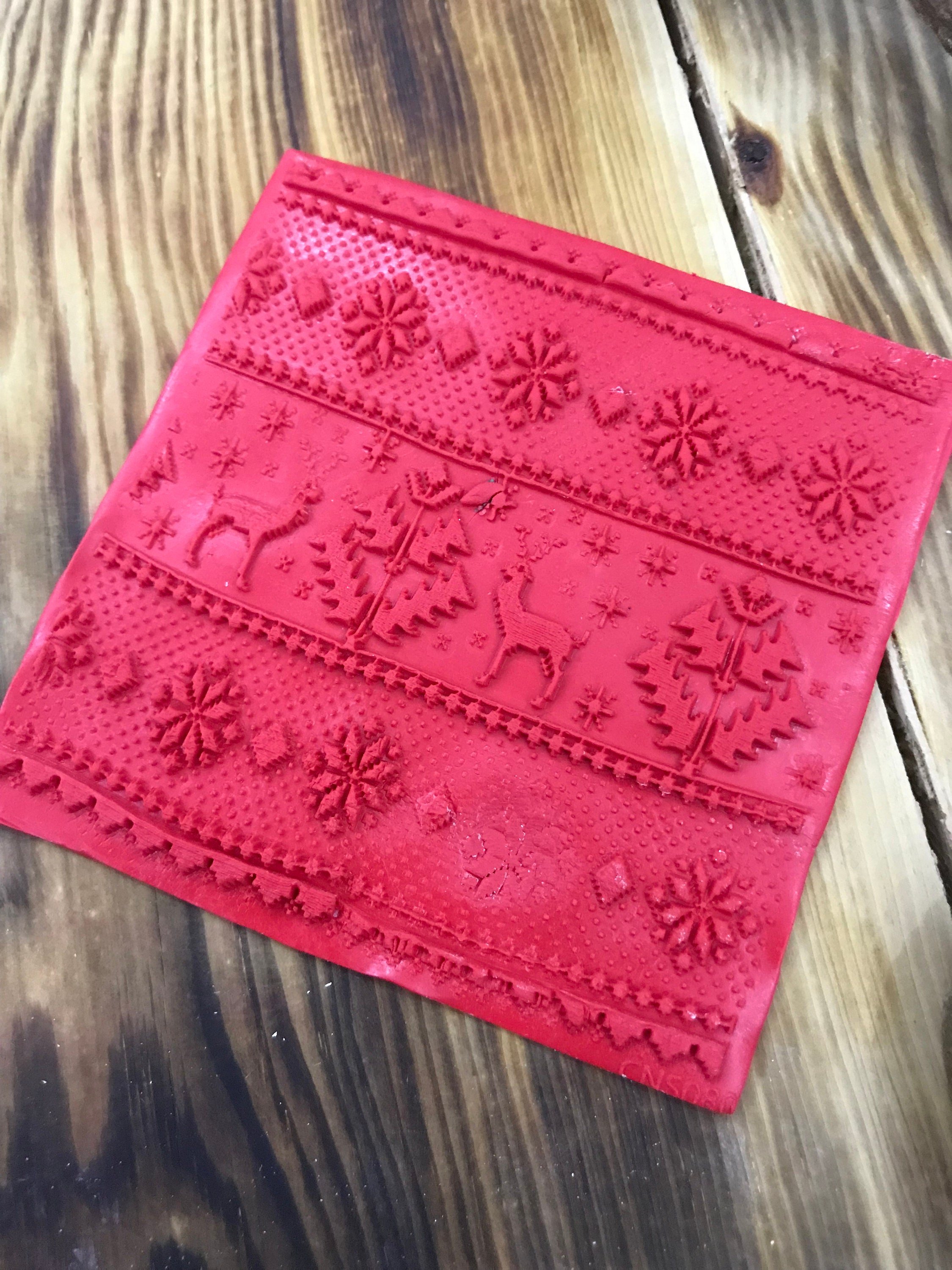 Christmas Deer Pattern Rubber or Acrylic Texture Mat – Polymer Clay Stamp, Embossing Tool, Acrylic Texture Sheet, Plaque, Tile for Fimo, Sculpey, Cernit
