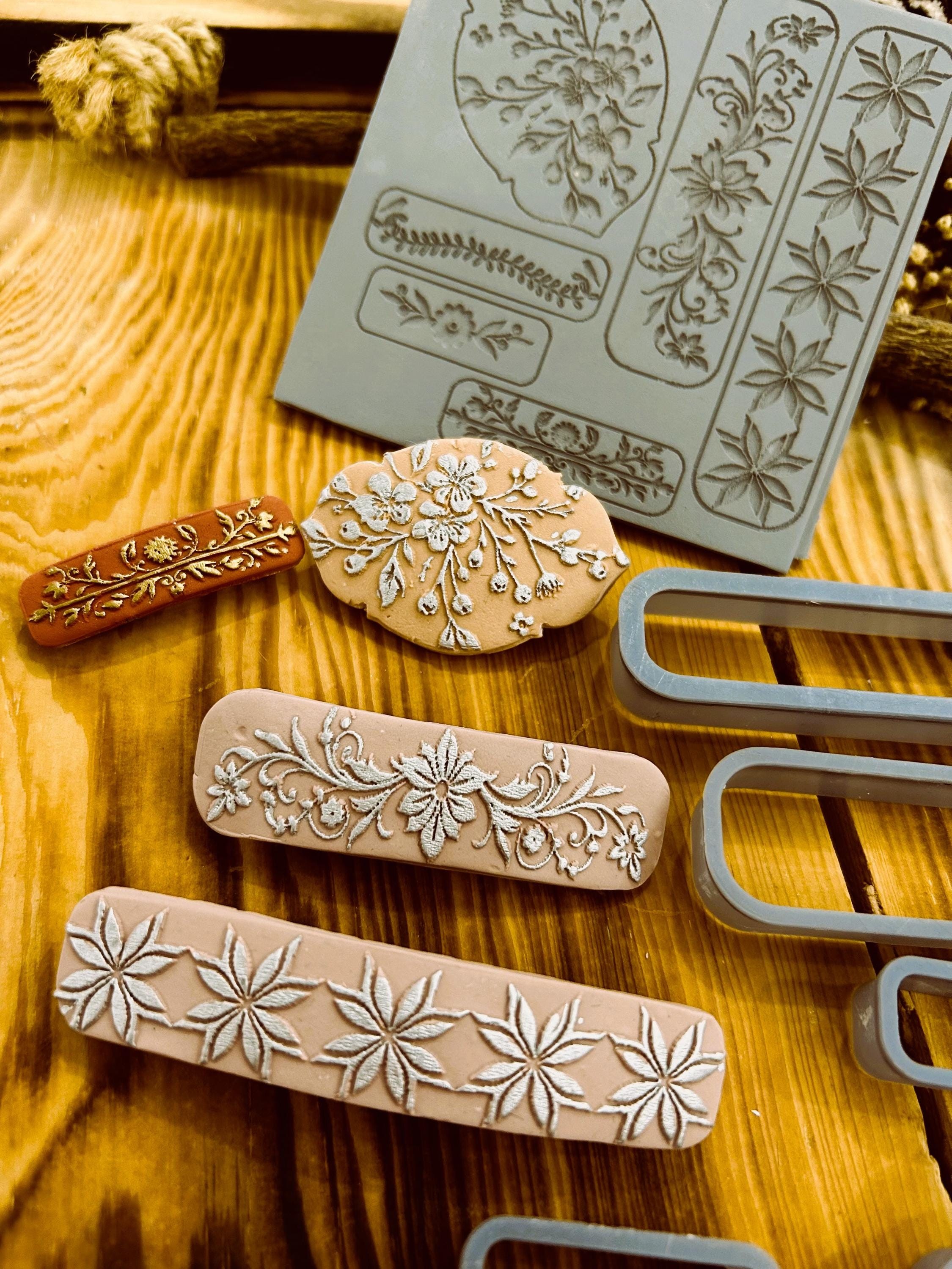 Hair Clip Making Set – Floral Rubber Texture Mat & 5 Cutter Set | Polymer Clay Texture Tools | Hair Barrette Clay Cutter | Jewelry Making Tools