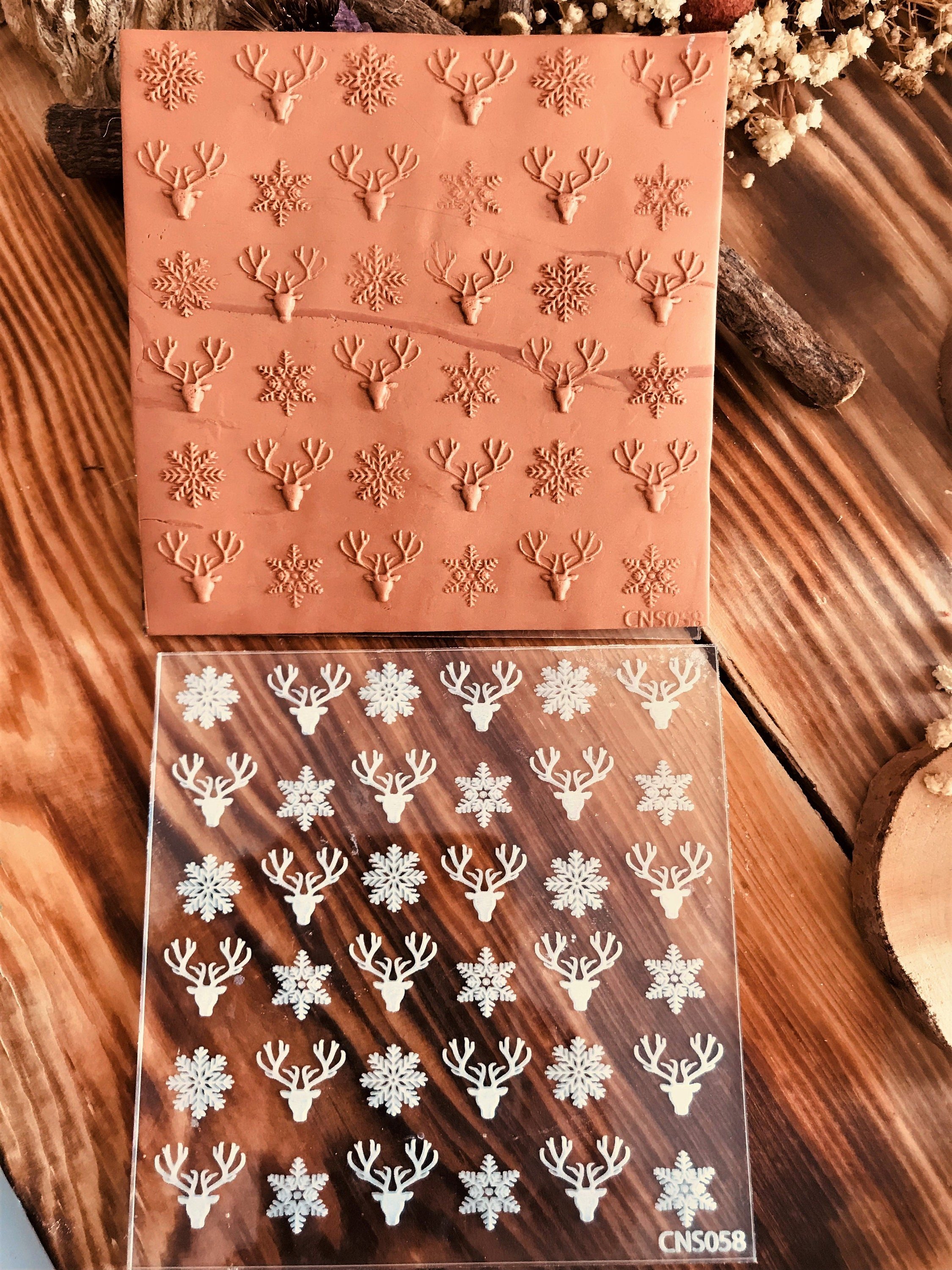 Deer and Snowflake Acrylic Embossing Stamp – 10x10 cm Texture Plate for Polymer Clay, Fondant, Air Dry Clay & Cookie Embossing