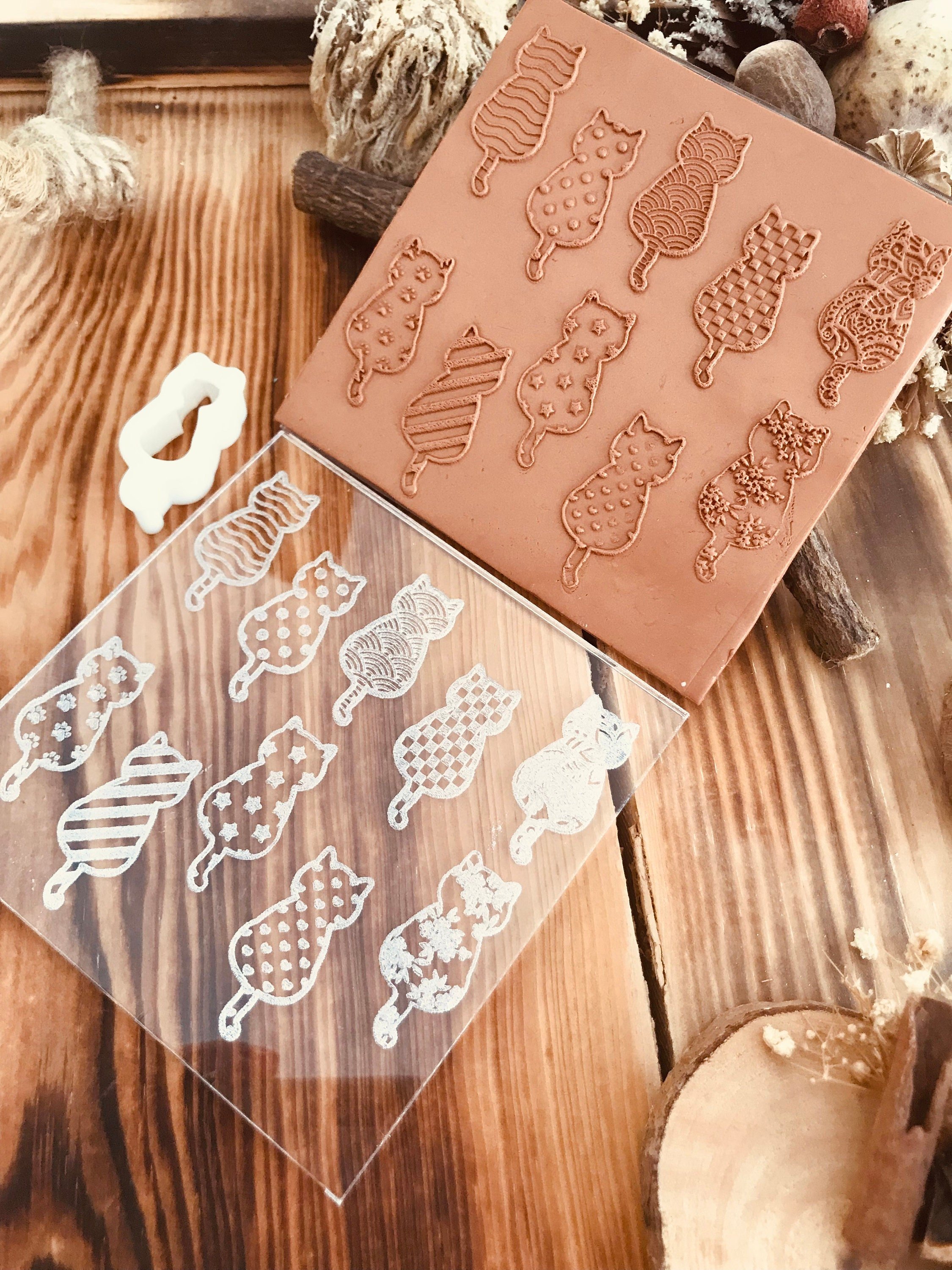 Cat Texture Mold Set – Includes 8 Unique Cat Patterns + Bonus Cat Cutter | Perfect for Polymer Clay, Air Dry Clay & Metal Clay | 10x10 cm