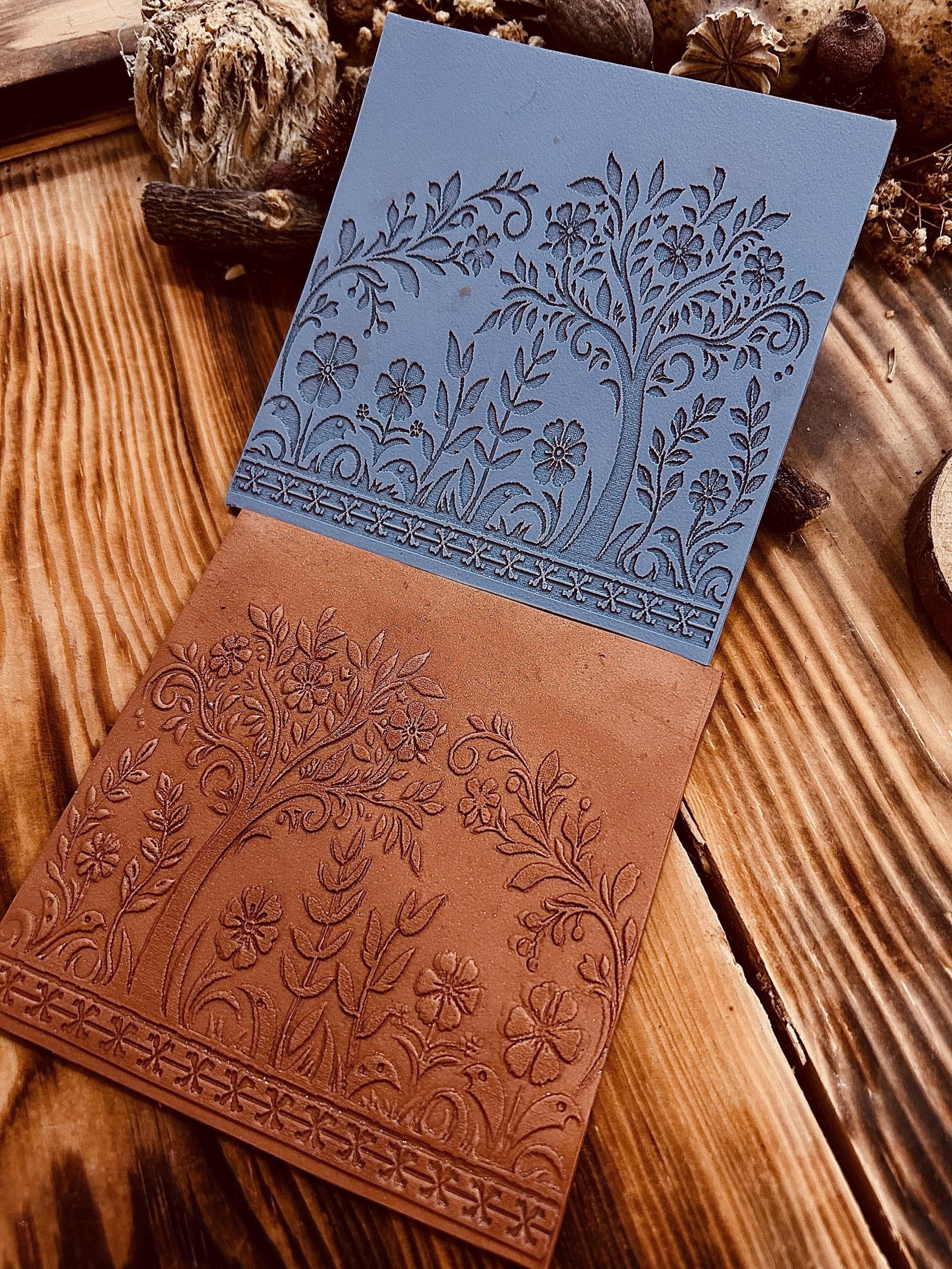 Flowers and Tree Acrylic Texture Mat – 10x10cm Polymer Clay Texture Sheet | Botanical Pattern Stamp for Earrings, Mugs, Crafts | Fimo Sculpey Cernit Compatible