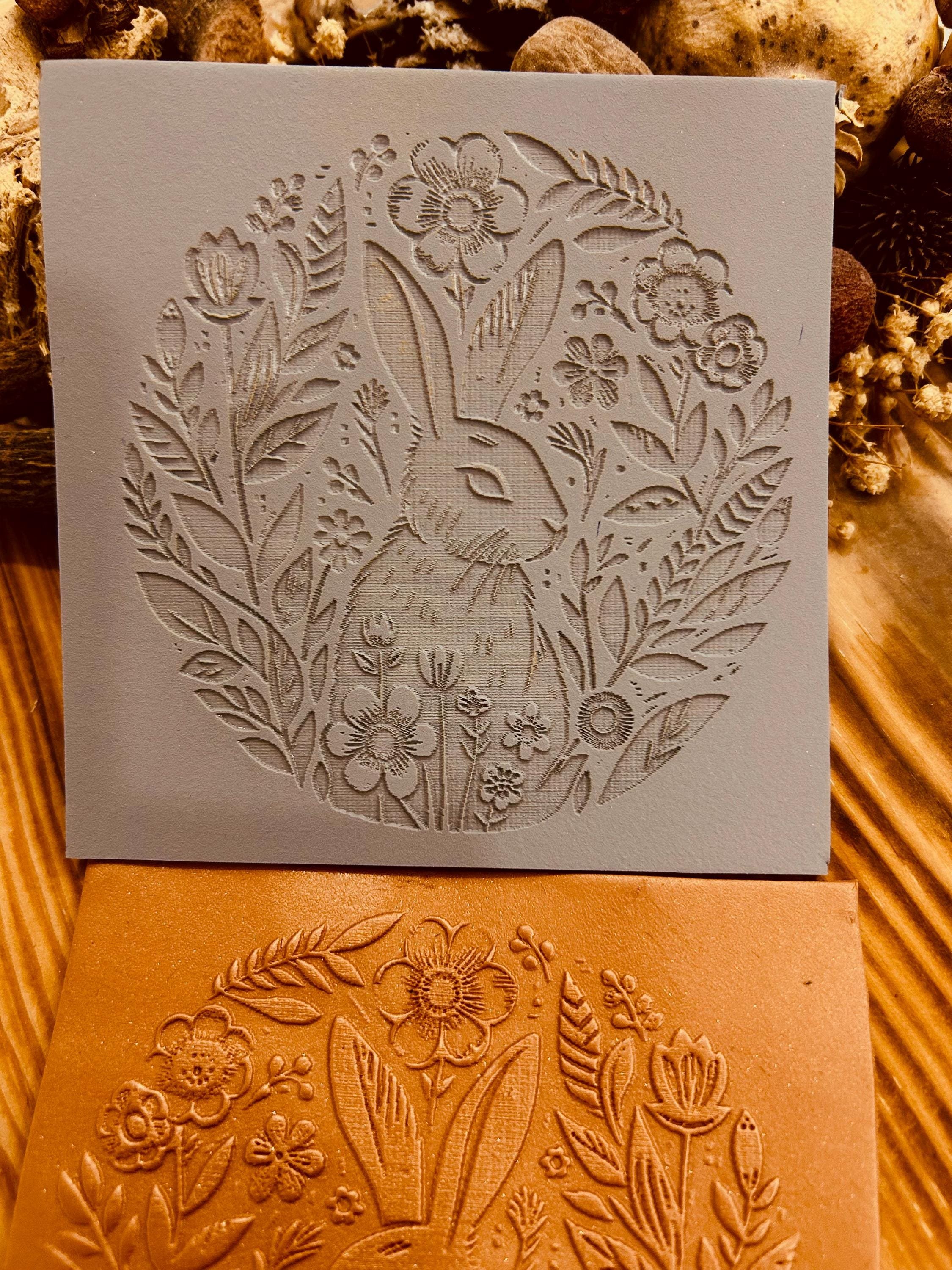 Easter Bunny And Flowers Rubber or Acrylic Texture Mat 3 Different Size– Polymer Clay Stamp, Embossing Tool, Acrylic Texture Sheet, Plaque, Tile for Fimo, Sculpey, Cernit