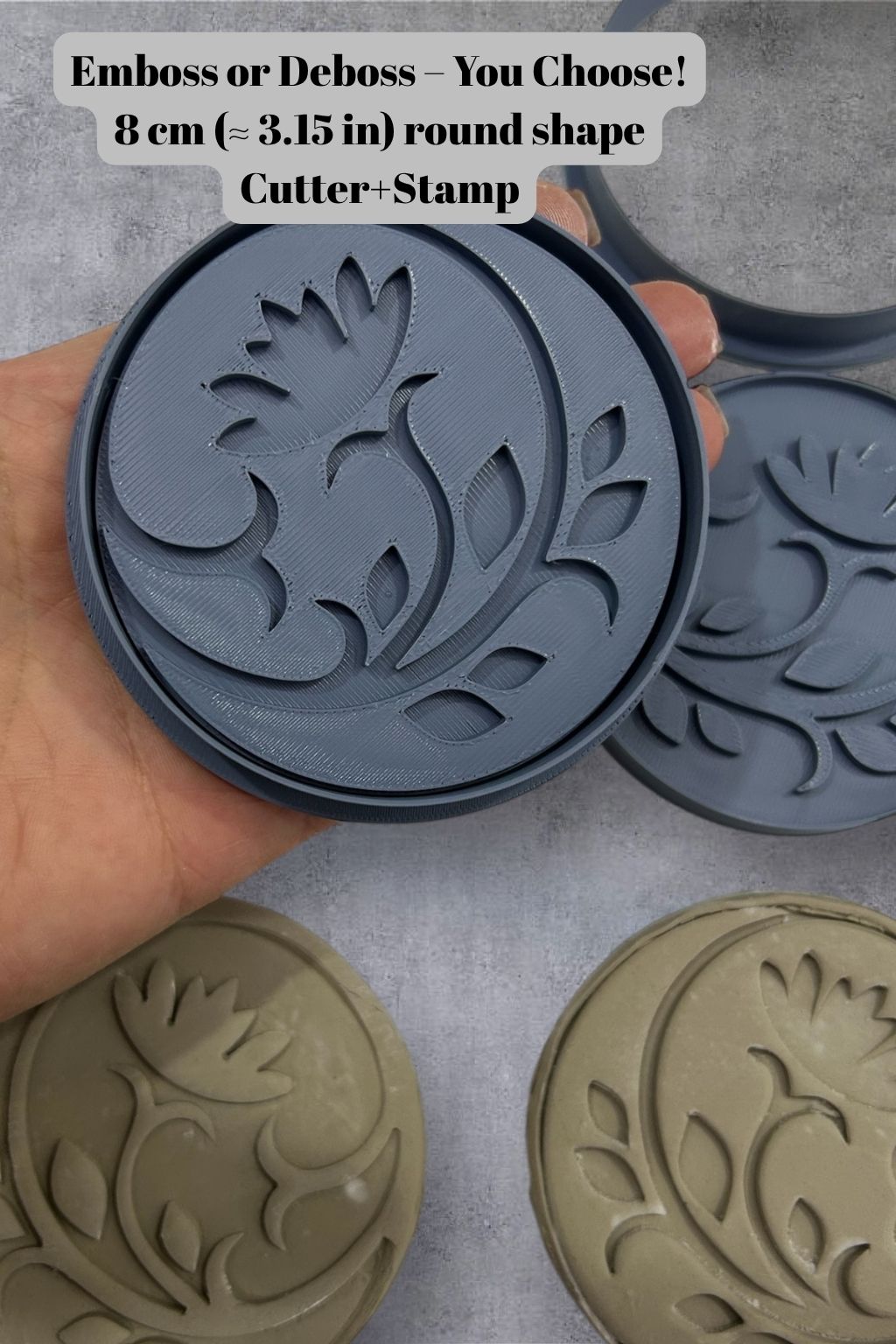 Çiçek Desenli Yuvarlak Damga ve Kesici Seti – Kabartma Veya Çukur Tasarım (8 cm / 3.15 in)