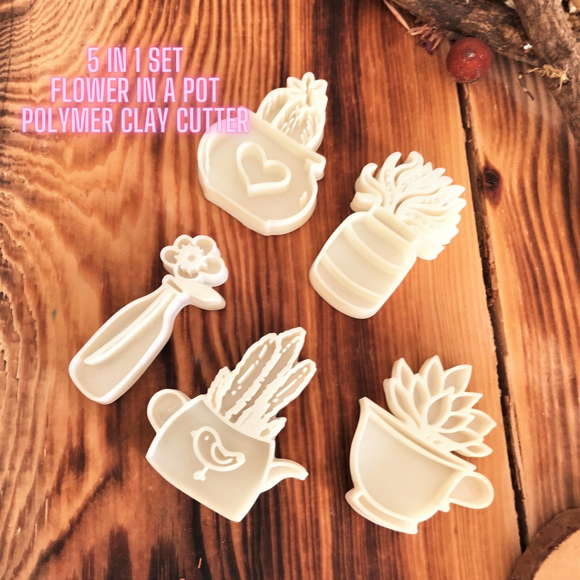 5-in-1 Pot and Flower Polymer Clay Cutter Set – Plant Theme Clay Cutter Bundle for Earrings, Jewelry, Crafts