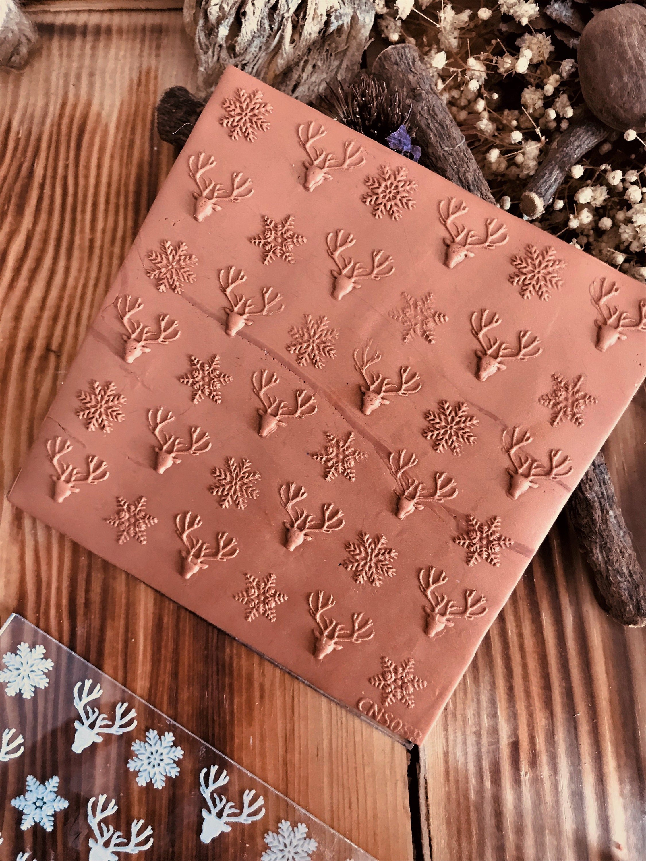Deer and Snowflake Acrylic Embossing Stamp – 10x10 cm Texture Plate for Polymer Clay, Fondant, Air Dry Clay & Cookie Embossing