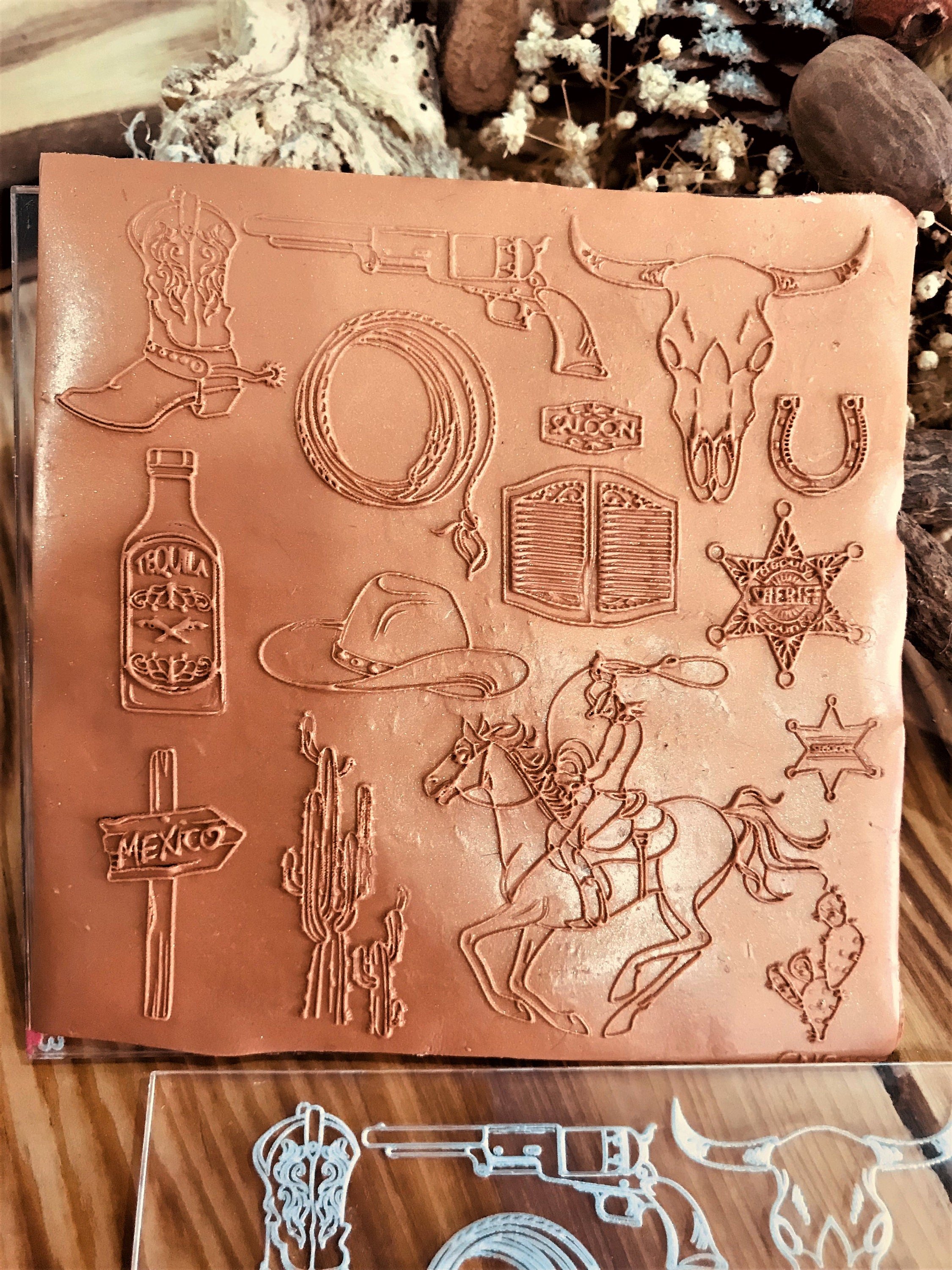 Cowboy Western Symbols Texture Sheet – Acrylic or Rubber Stamp | 10x10 cm | For Polymer Clay, Metal Clay, Air Dry Clay | Western Theme Pattern