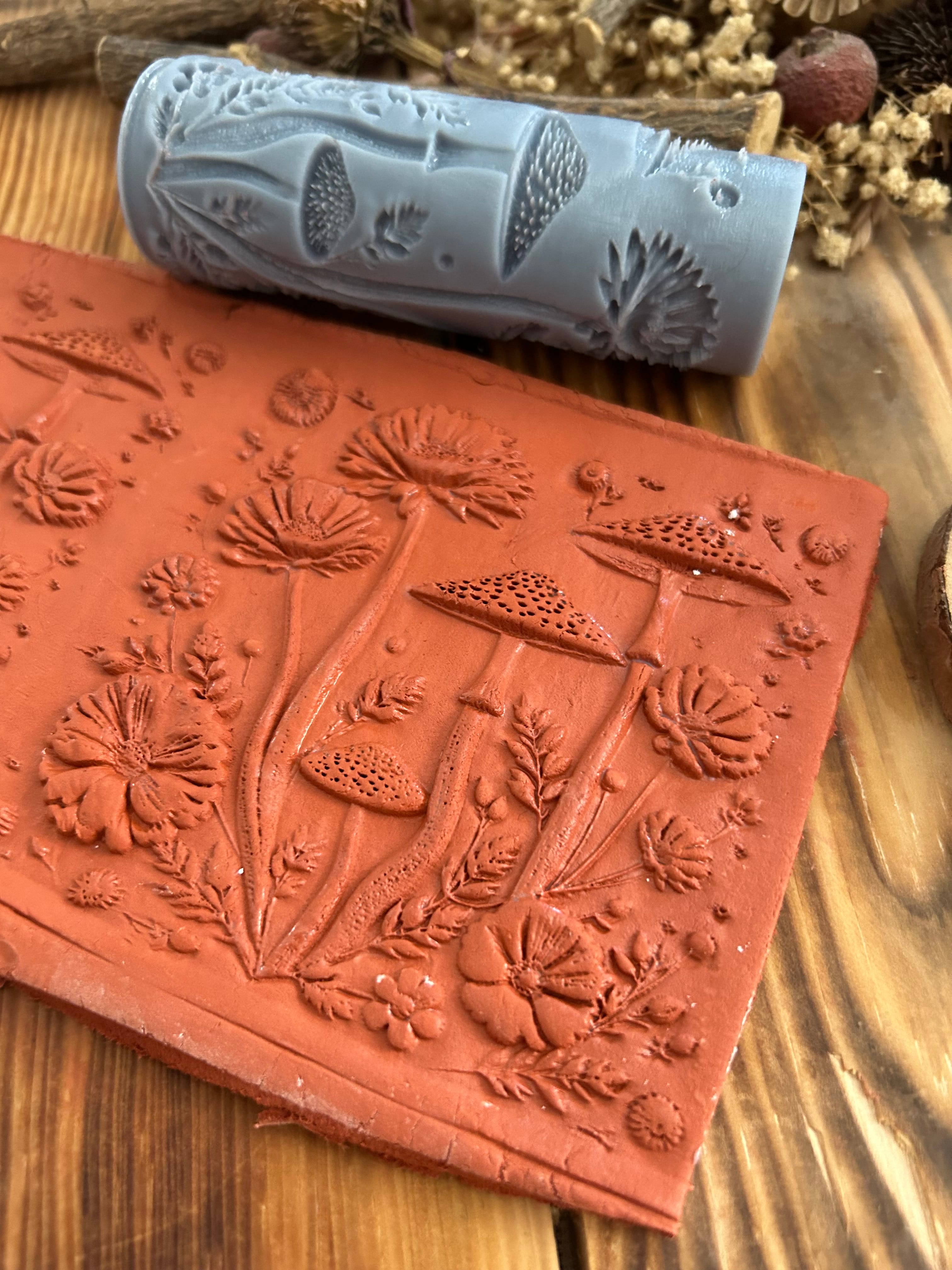 Mushroom & Wildflower Texture Roller: Polymer Clay Embossing Tool