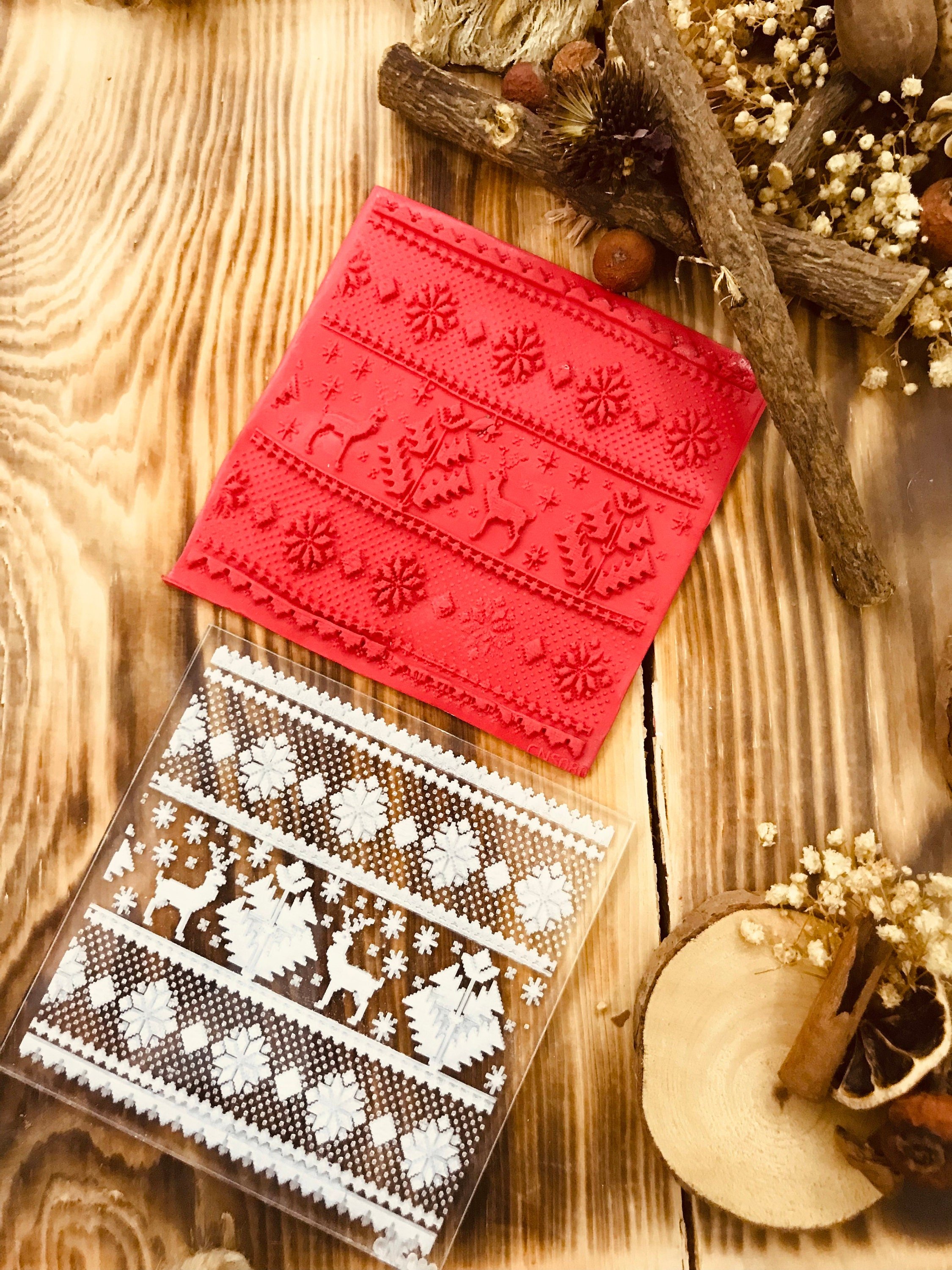 Christmas Deer Pattern Rubber or Acrylic Texture Mat – Polymer Clay Stamp, Embossing Tool, Acrylic Texture Sheet, Plaque, Tile for Fimo, Sculpey, Cernit